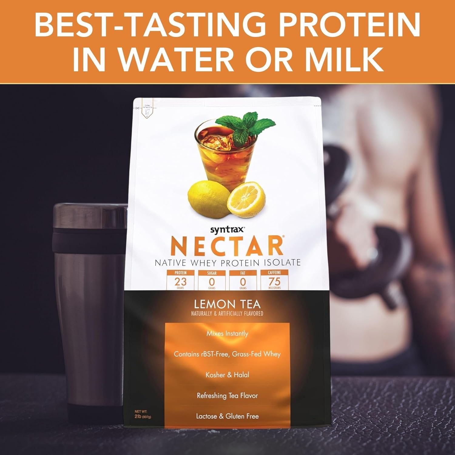 Syntrax Nectar Native Whey Protein Isolate Powder - Lemon Tea - Kosher and Halal - Lactose and Gluten Free - 1 Pack of 2lb with Multi-Purpose Keychain