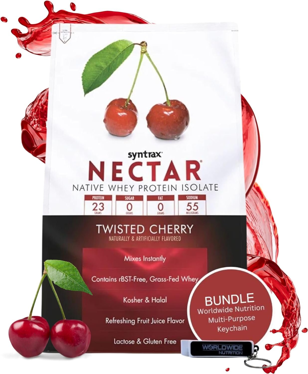 Twisted Cherry Syntrax Nectar Native Whey Protein Isolate (2lb Bag) Natural Vanilla - Muscle Support - with Multi-Purpose Keychain