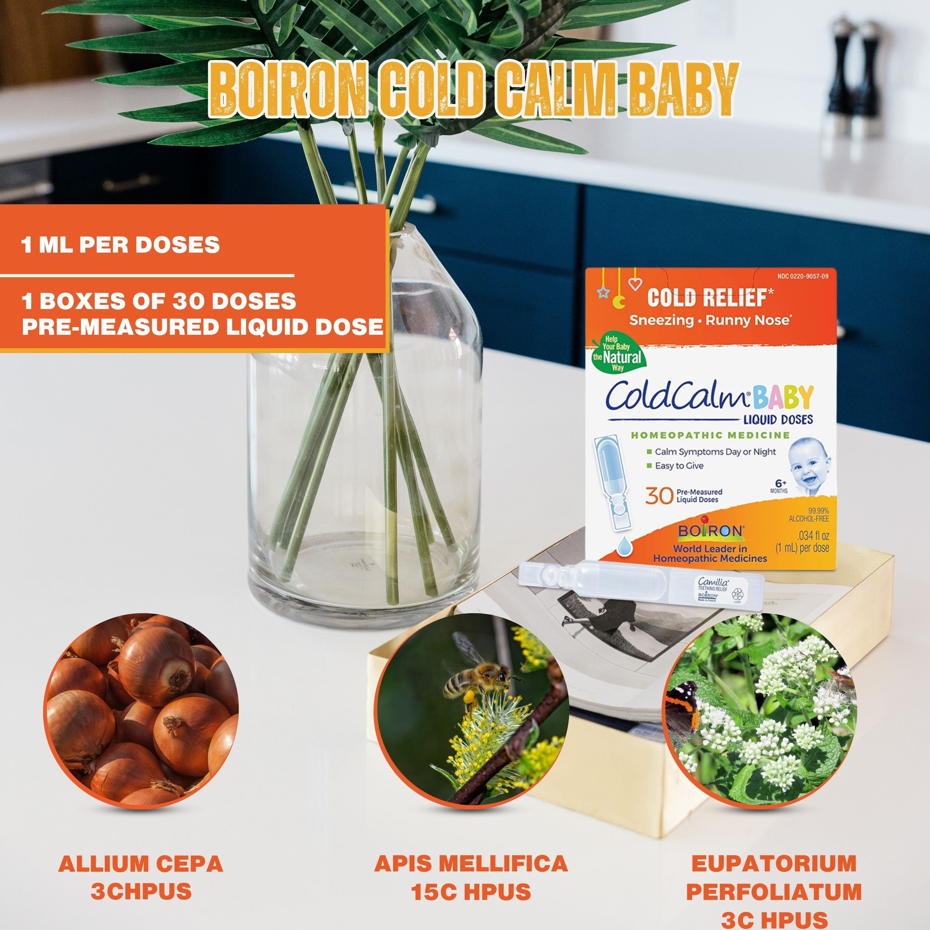 Boiron ColdCalm Baby Single-Use Liquid Doses, 1ml - Sneezing - Runny Nose - Nasal Congestion - 30ct with Multi-Purpose Keychain