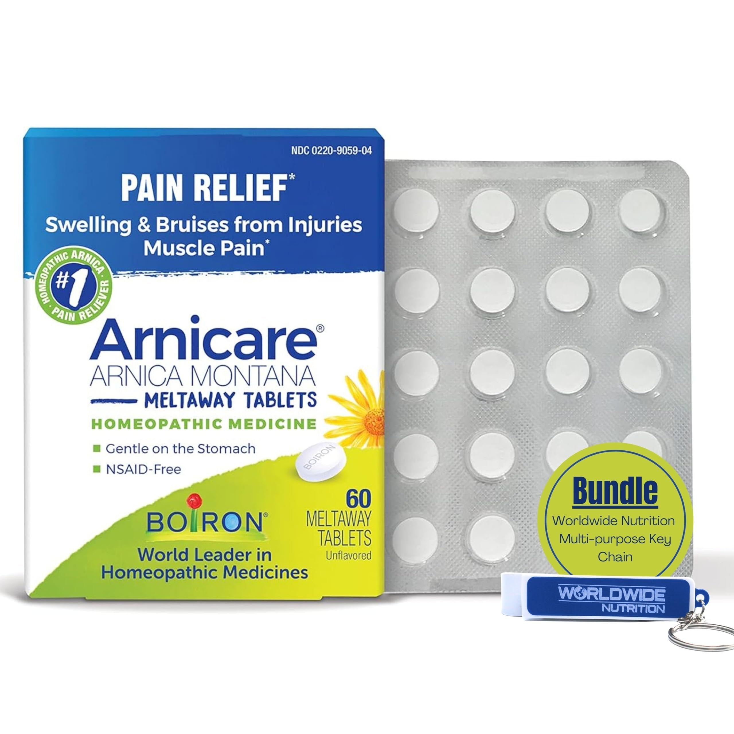 Boiron Arnicare Arnica Montana Meltaway Tablets - Swelling Reducer - Bruise Remedy - Muscle Pain Reliever - 60 Unflavored Tablets with Multi-Purpose Keychain