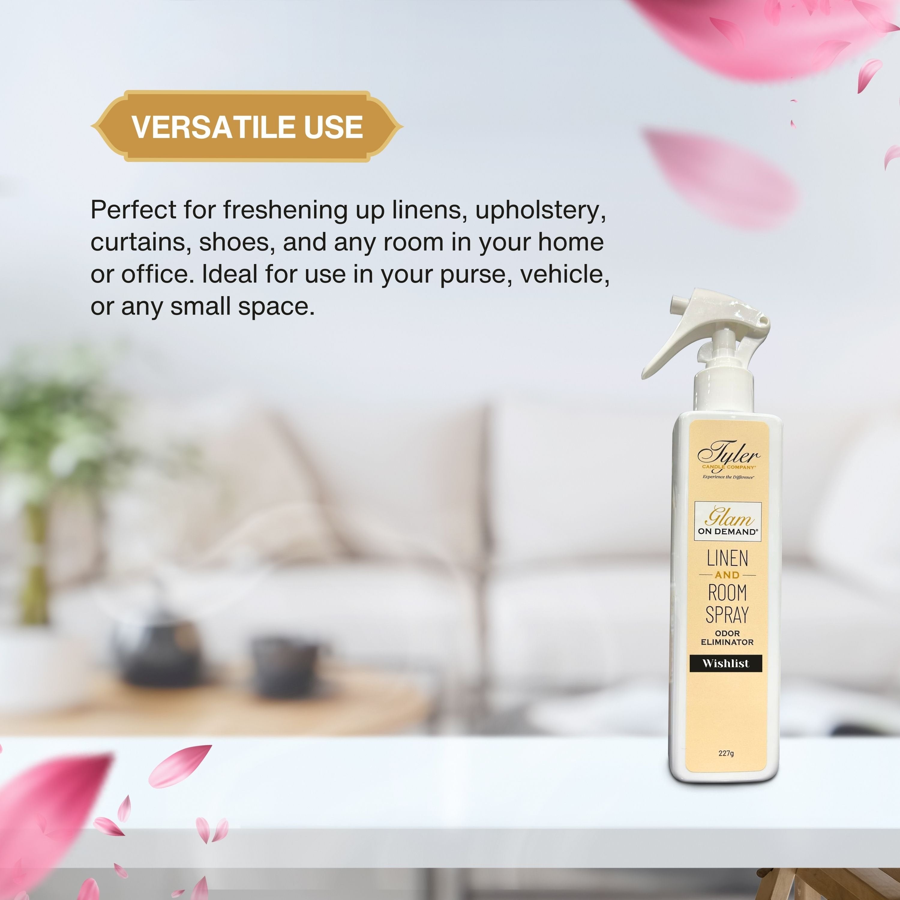 Tyler Candle Company Wishlist Glam On Demand - Linen and Room Spray- Oder Eliminator - Luxurious Fragrance - 8 oz (227g) - Pack of 1 with Keychain