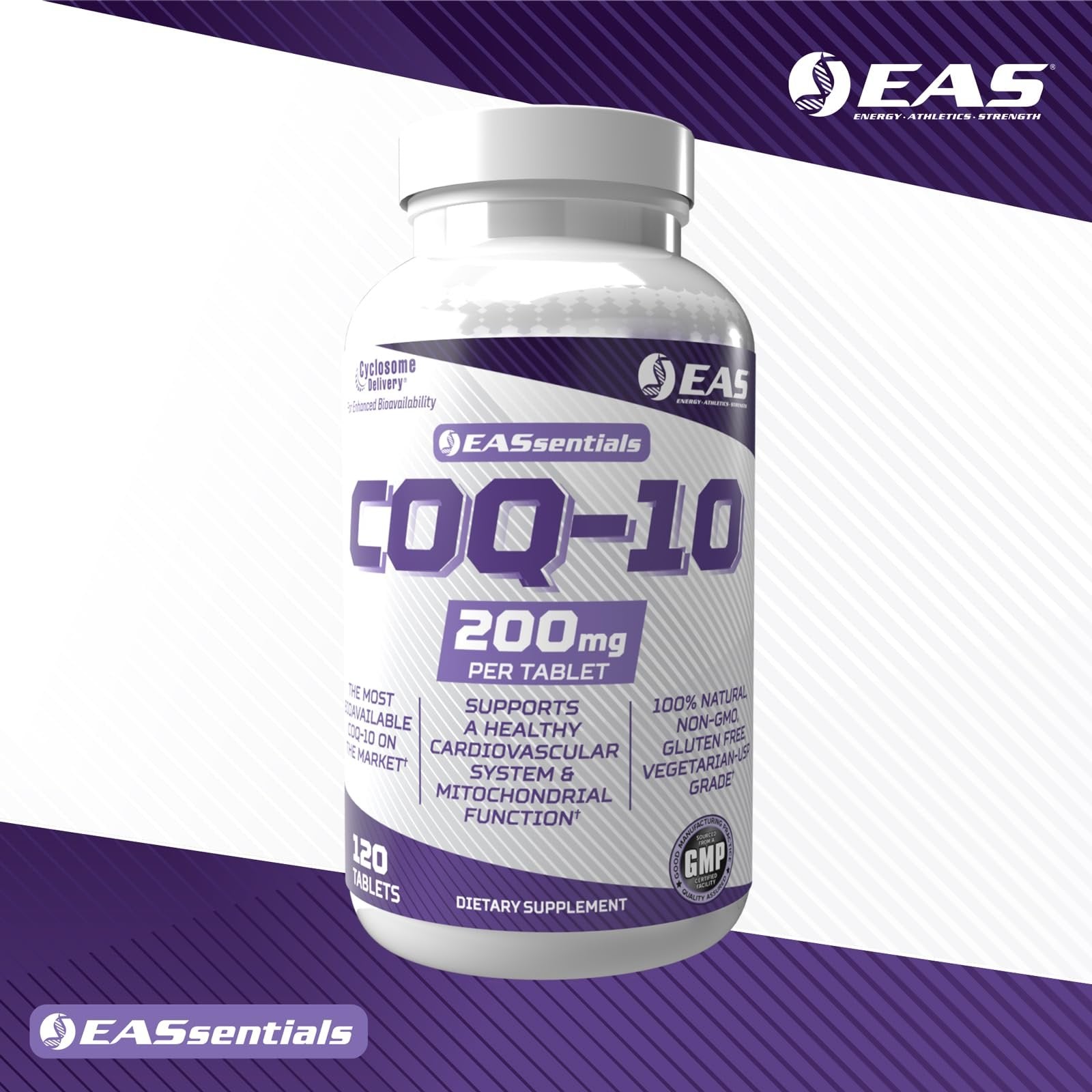 EAS COQ-10 200mg | Antioxidant Supporting Heart Health & Energy Production | Gluten Free, Non GMO | Better Absorption with Cyclosome Delivery | 120 Tablets