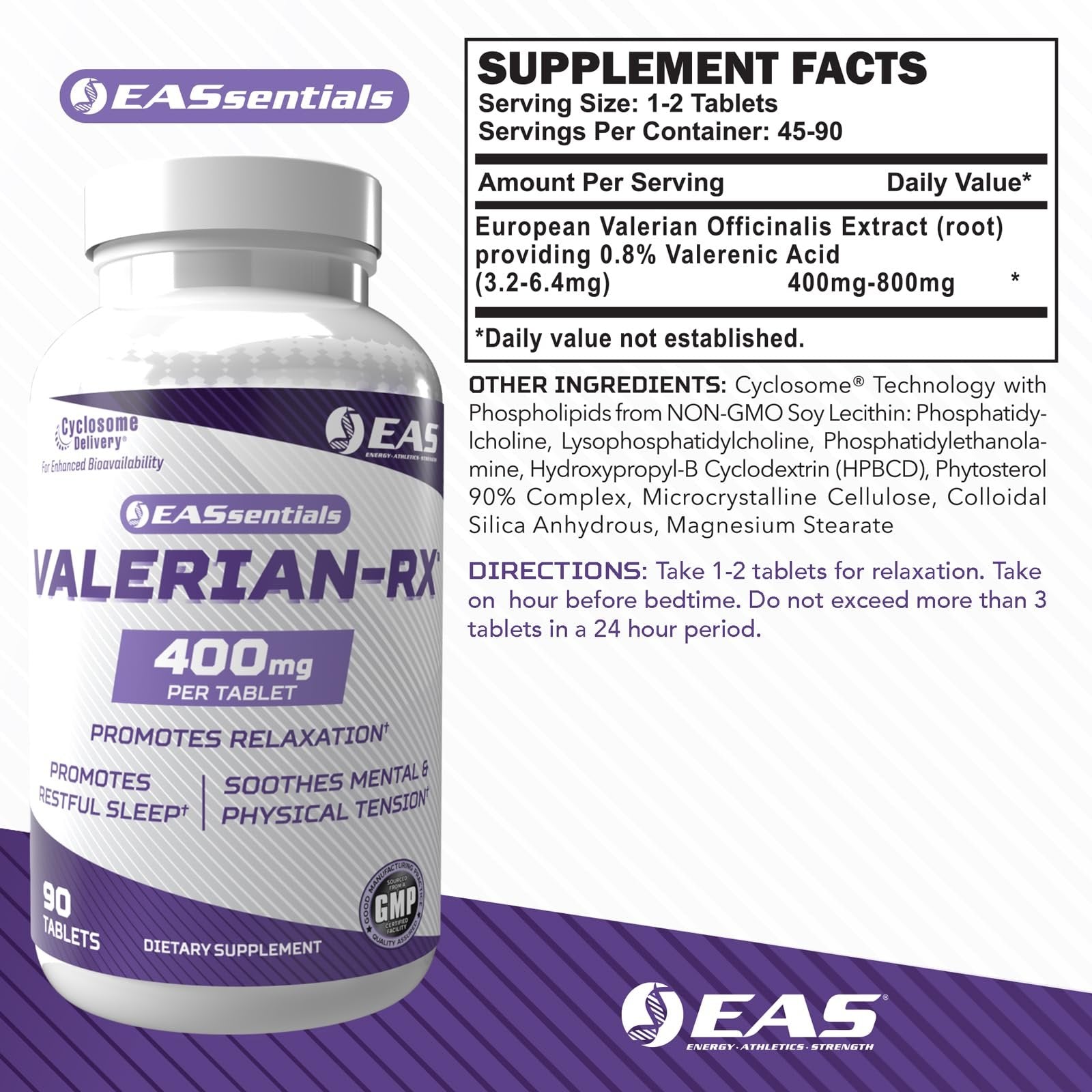 EAS Valerian-RX Valerian Root 400mg | Promotes Relaxation & Restful Sleep | Gluten Free, Non GMO | Better Absorption with Cyclosome Delivery | 90 Tablets