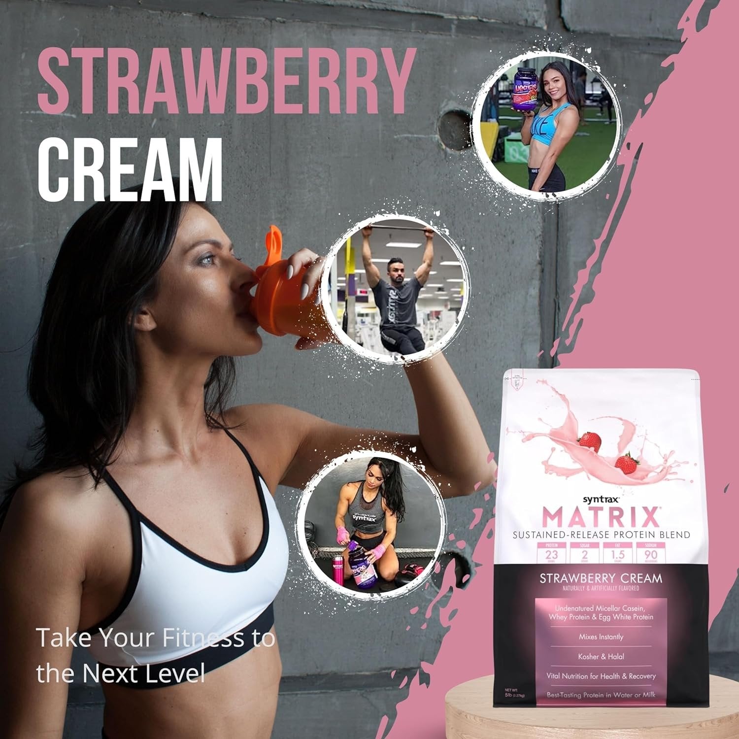 Syntrax Matrix - Sustained-Release Protein Powder Blend - Kosher & Halal - Muscle Support - Strawberry Cream - 5 lb - with Multi-Purpose Keychain