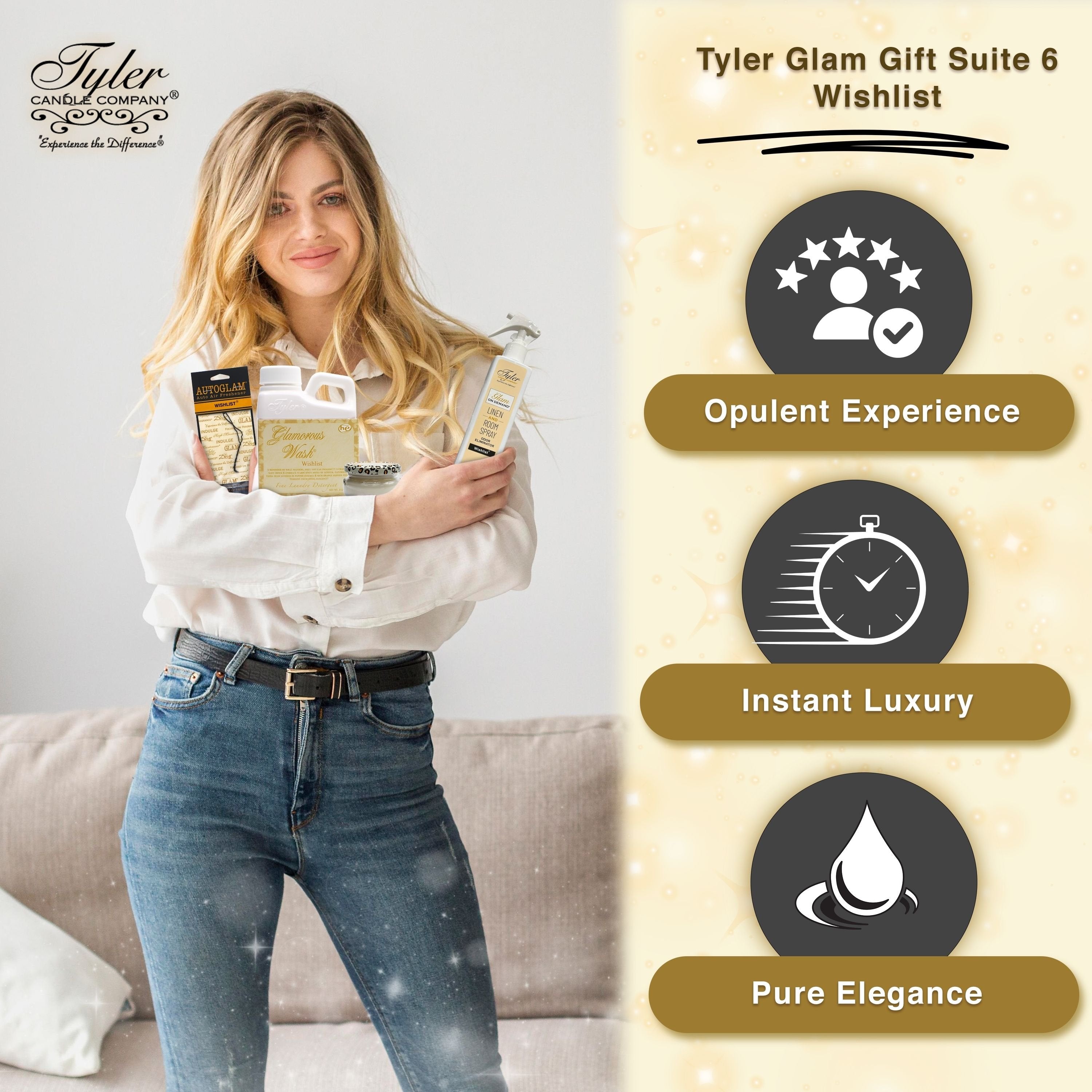 Tyler Candle Comapany Glamorous Gift Suite VI - Glam On Demand Linen and Room Spray Bottle, Prestige Candle, Glamorous Wash Laundry Detergent, Autoglam Auto Air Freshener & Keychain