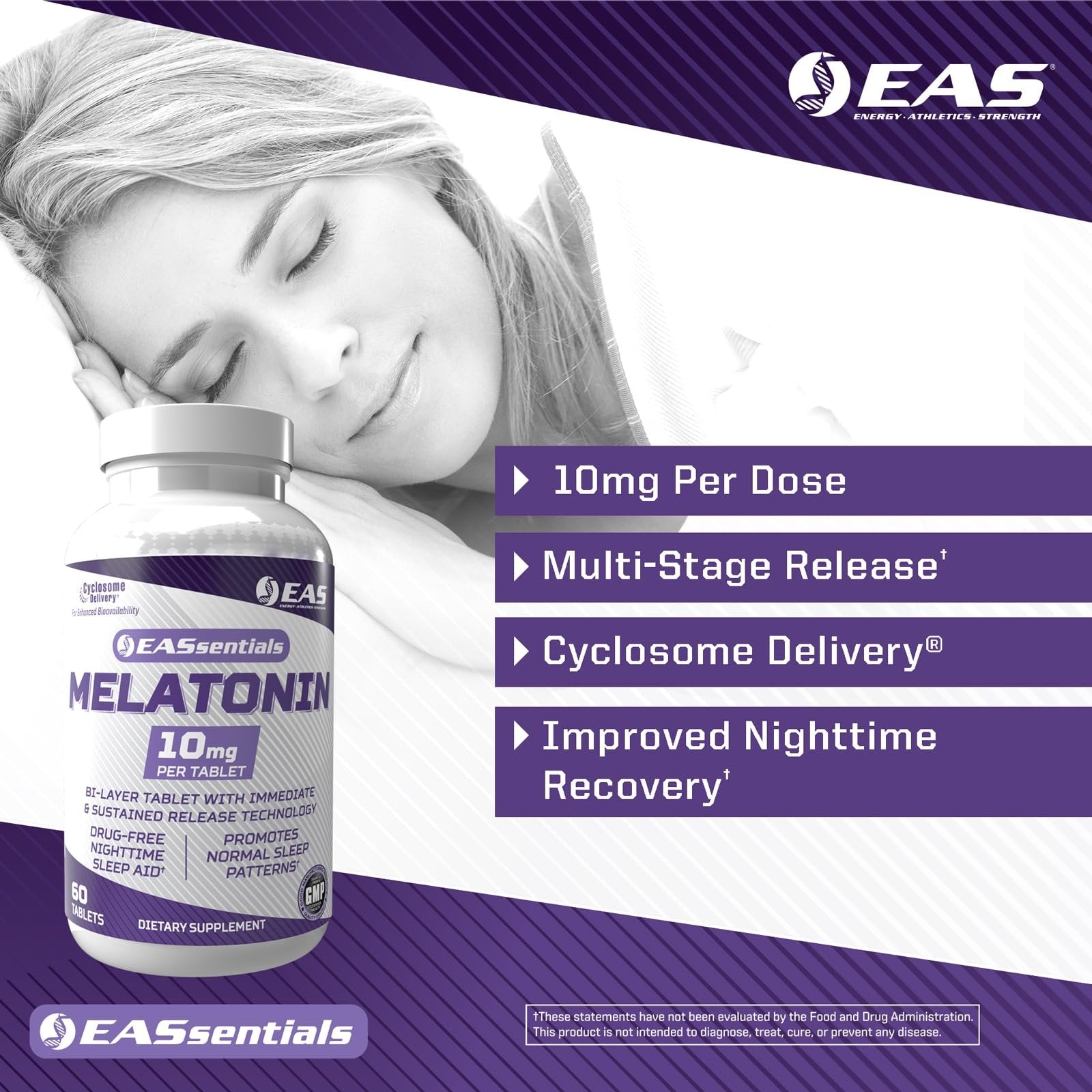 EAS Melatonin 10mg | Drug-Free Nighttime Sleep Aid | Immediate & Sustained Release Technology | Better Absorption with Cyclosome Delivery | 60 Tablets