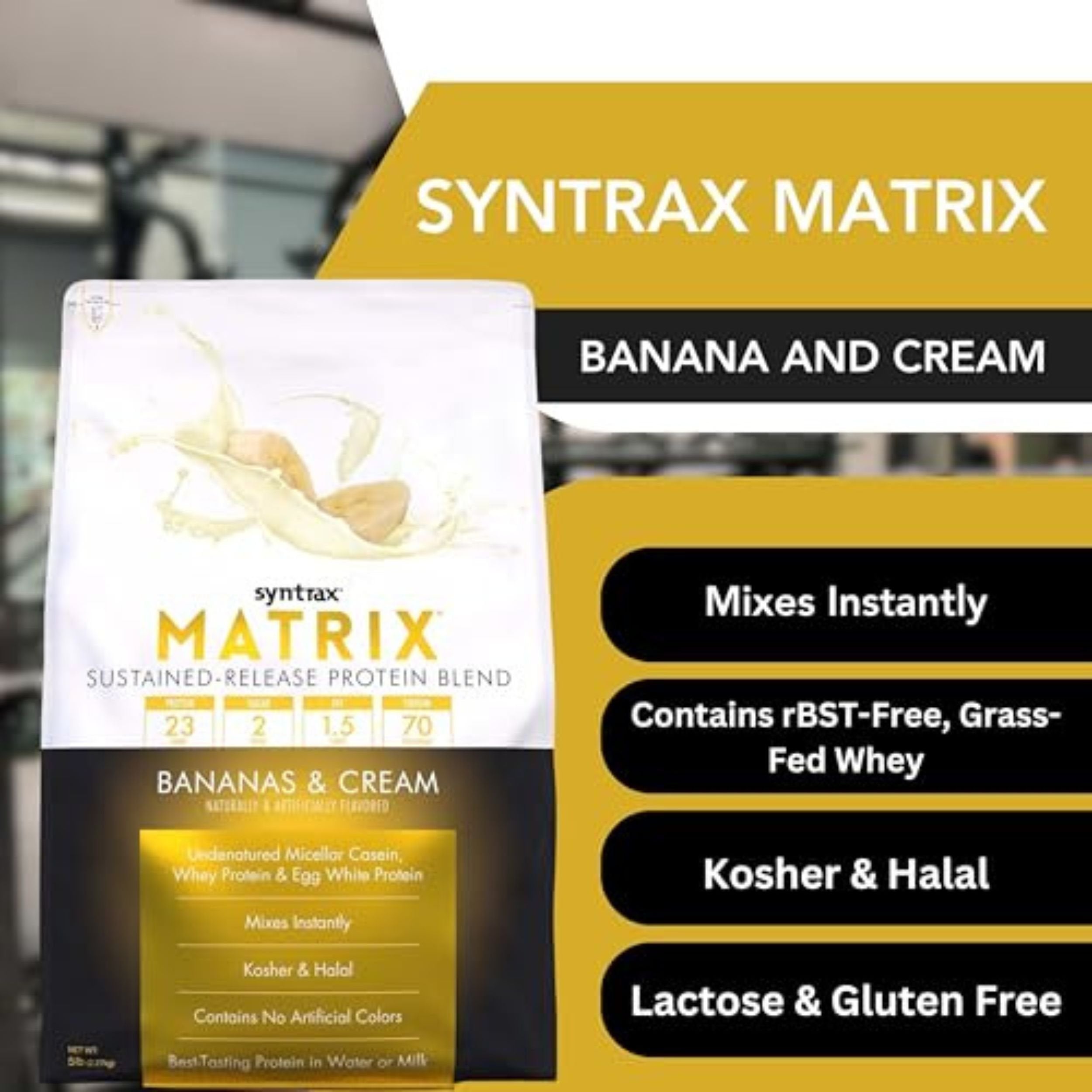 Syntrax Matrix Sustained-Release Protein Powder Blend - Kosher & Halal - Muscle Support - Banana and Cream - 5 lb - with Multipurpose Keychain