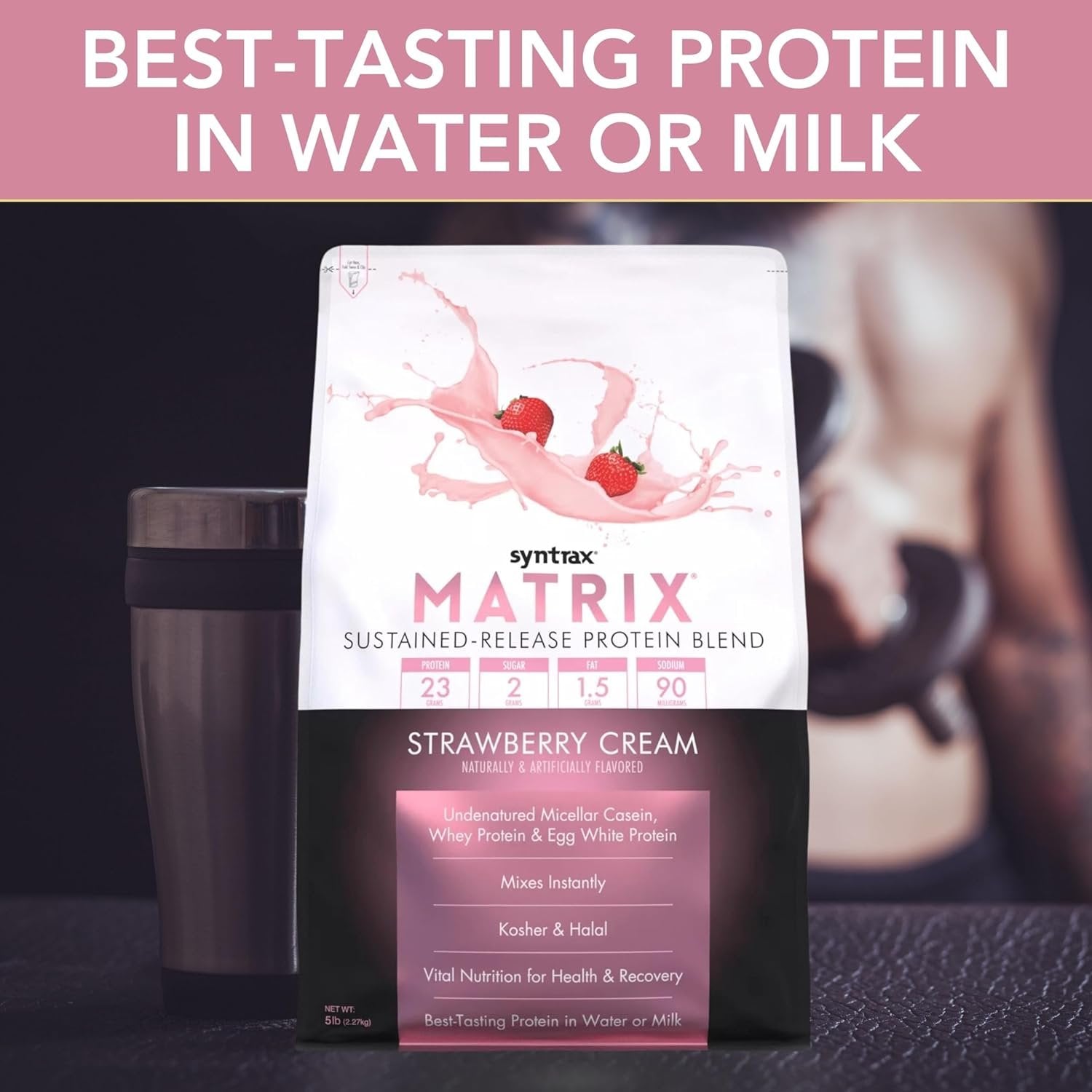 Syntrax Matrix - Sustained-Release Protein Powder Blend - Kosher & Halal - Muscle Support - Strawberry Cream - 5 lb - with Multi-Purpose Keychain