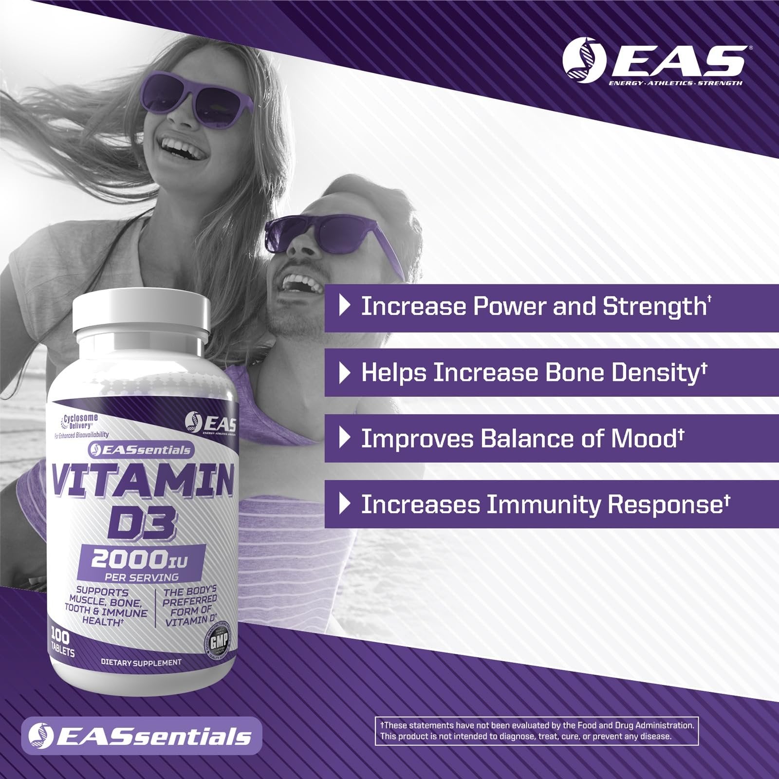 EAS Vitamin D3 2000 IU | Supports Muscle, Bone, Tooth, & Immune Health | Gluten Free, Non GMO | Better Absorption with Cyclosome Delivery | 100 Tablets