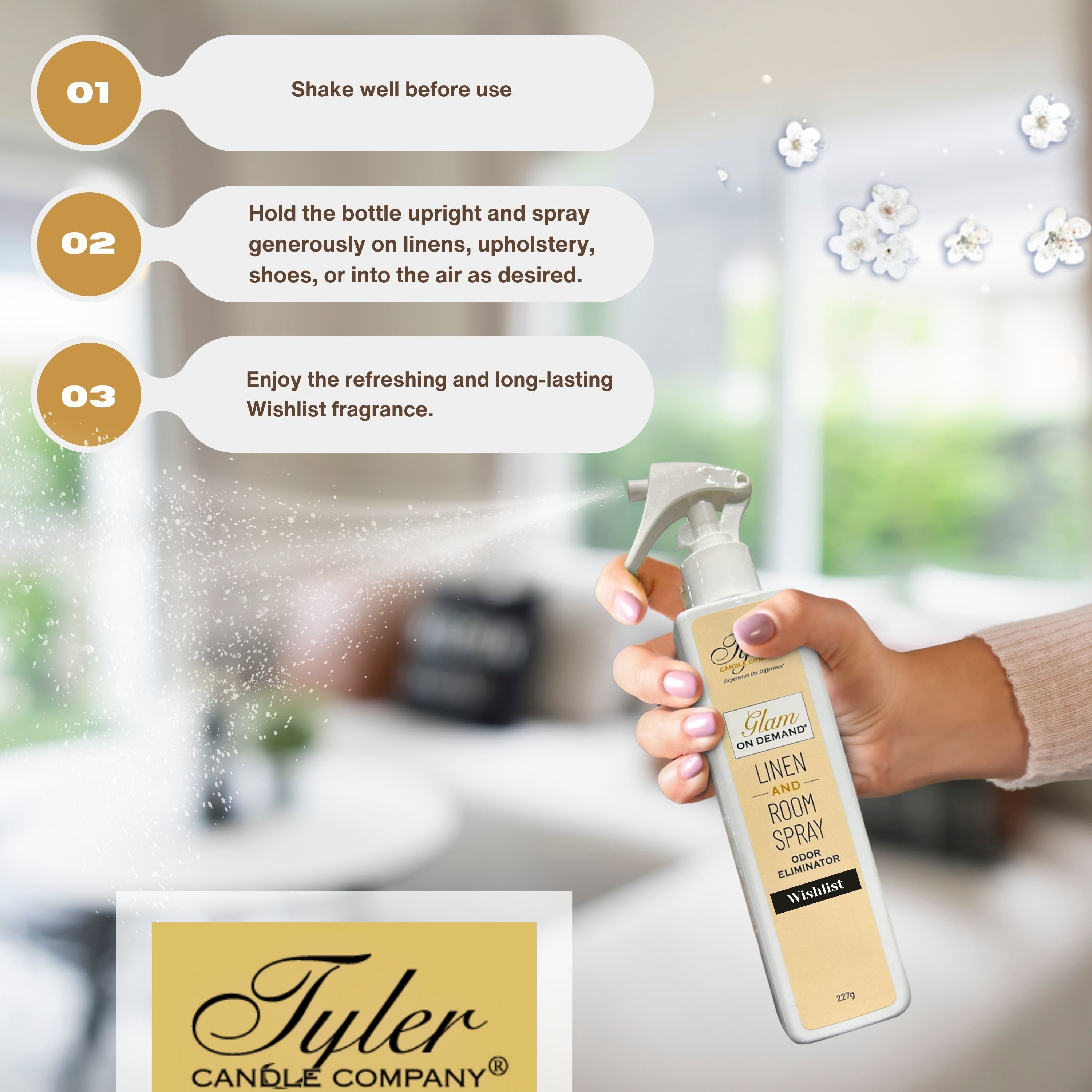 Tyler Candle Company Wishlist Glam On Demand - Linen and Room Spray- Oder Eliminator - Luxurious Fragrance - 8 oz (227g) - Pack of 1 with Keychain