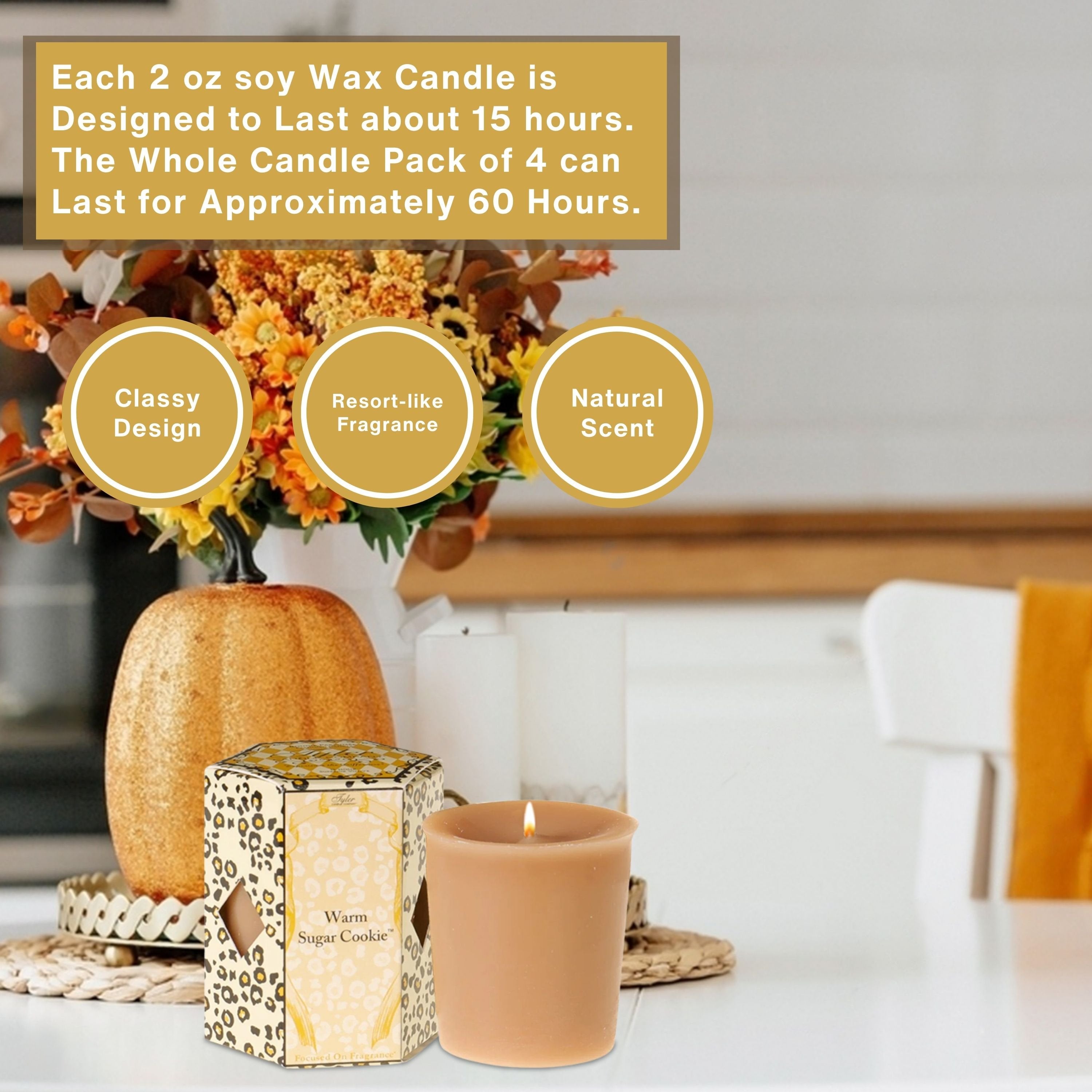 Tyler Candle Company Warm Sugar Cookie Scented Soy Wax Votive Candles - Set of 4 (2 oz Each) with Keychain