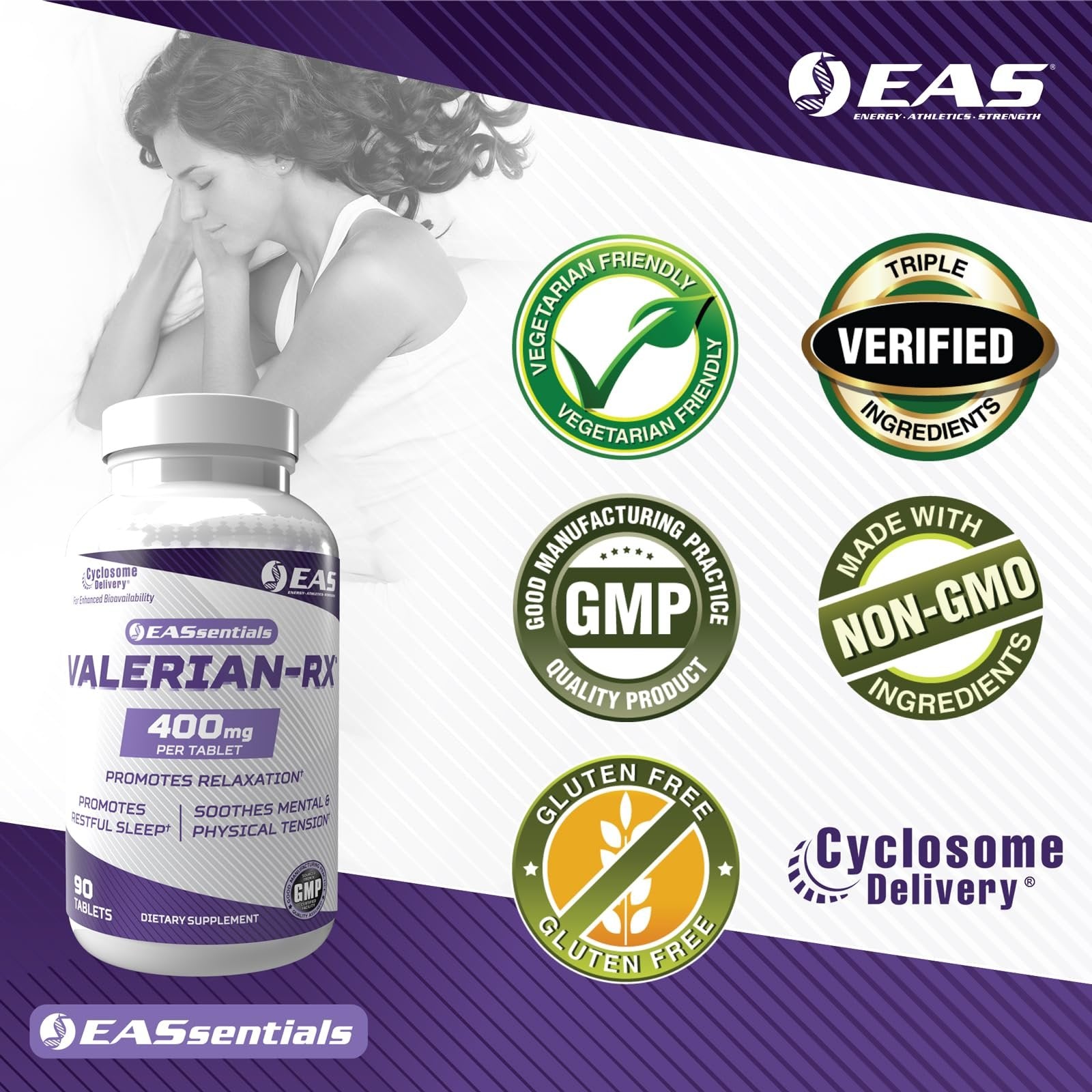 EAS Valerian-RX Valerian Root 400mg | Promotes Relaxation & Restful Sleep | Gluten Free, Non GMO | Better Absorption with Cyclosome Delivery | 90 Tablets