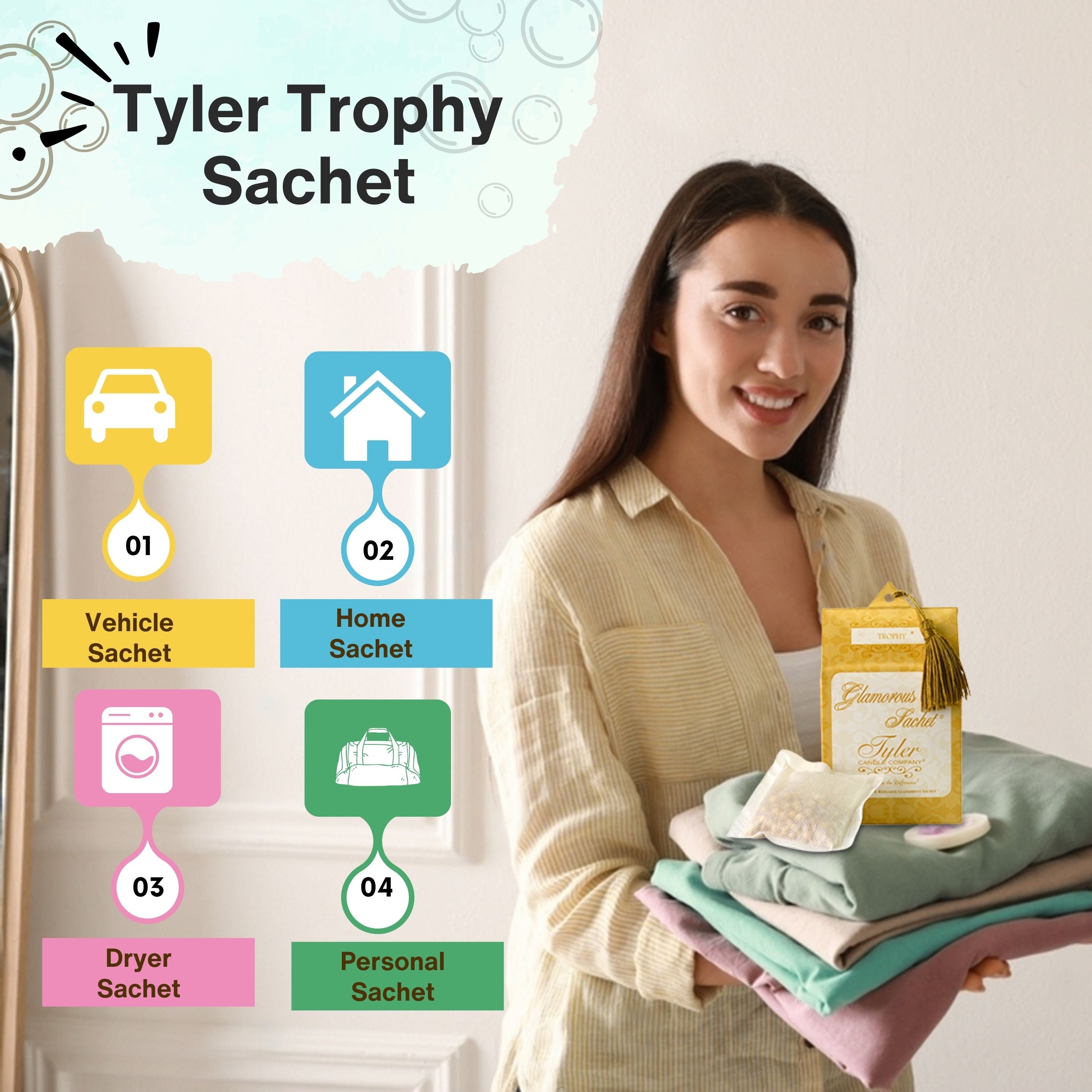 Tyler Candle Company Reusable Glamorous Dryer Sheets - Trophy - 2 Pack of 4 Sachet - with Multi-Purpose Key Chain