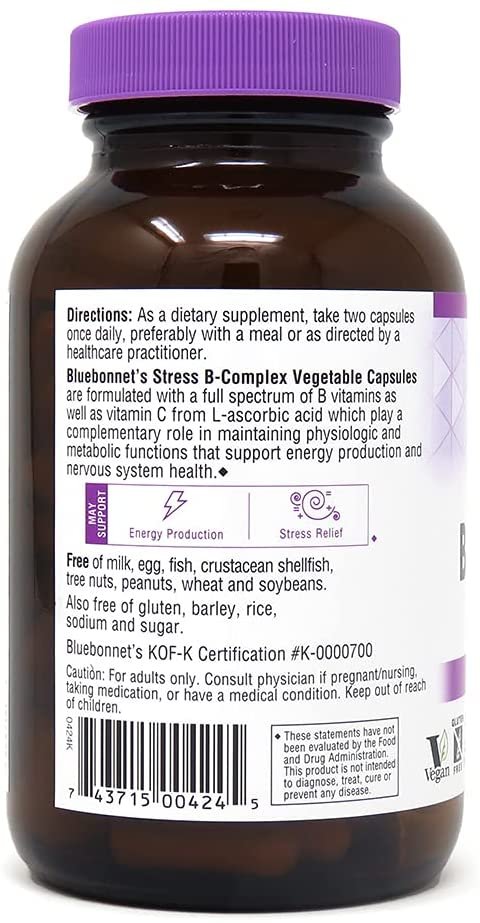 Bluebonnet Nutrition Stress Relief B Complex Vegetable Capsules, Vitamin B6, B12, Biotin, Folate, Vegan, Gluten & Soy & Milk Free, Kosher, Unflavored, 100 Count