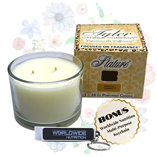 Tyler Candle Company French Market Stature Candle - Luxury Home Fragrance French Market Scented Candle - Stature Model Home Decor in Clear Glass Candle Holder - 16 Oz, 2 Wick Candle w Bonus Key Chain