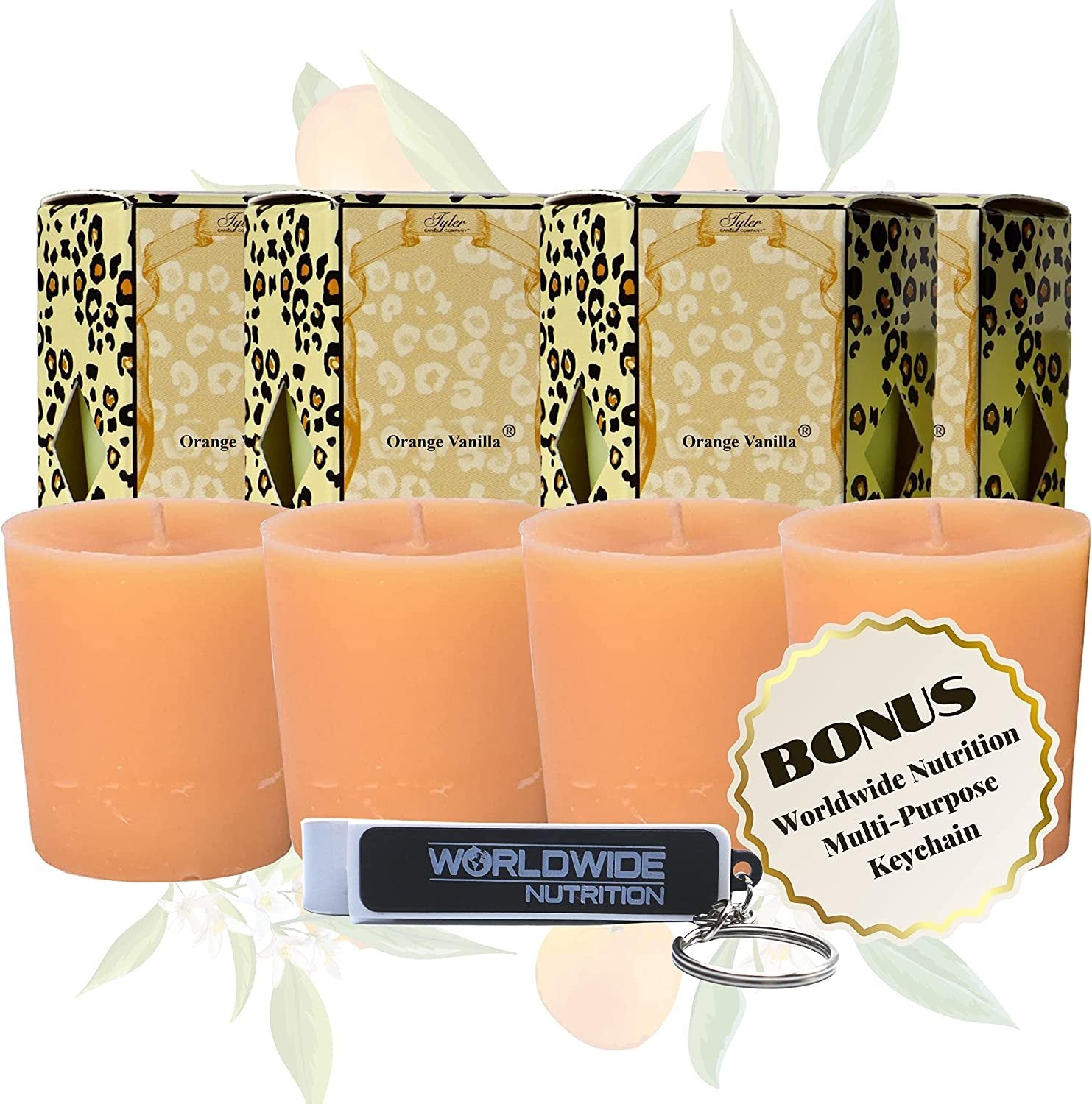 Tyler Candle Company Orange Vanilla Votive Candles - Luxury Scented Candle with Essential Oils - 16 Pack of 2 oz Small Candles with 15 Hour Burn Time Each - with Bonus Key Chain