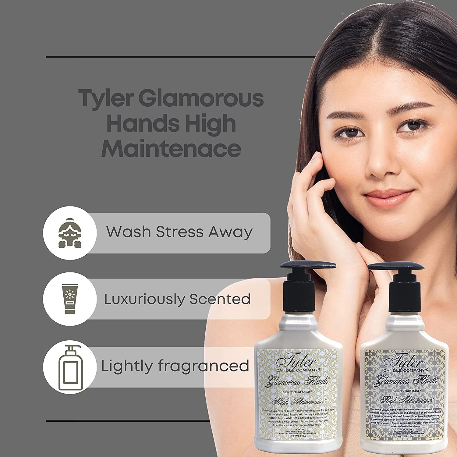 Tyler Candle Company High Maintenance Glamorous Hand Wash and Hand Lotion Gift Set - Pack of 2, 8 Oz Scented Hand Cream Pump Bottles for Luxury Skin Care (High Maintenance) with Bonus Keychain
