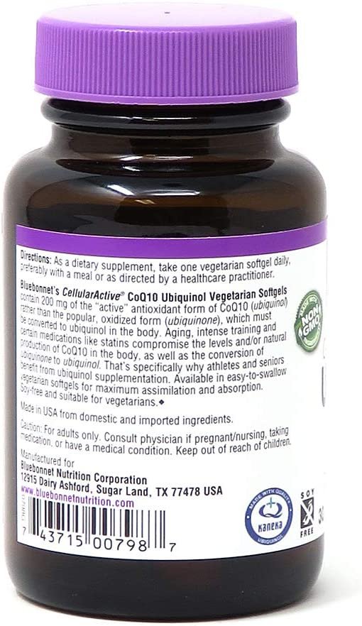 Bluebonnet Nutrition Active CoQ10 Ubiquinol 200mg Vegetarian Softgels, Heart & Cellular Health from Kaneka, Non GMO, Gluten, Soy & Milk Free, White, 30