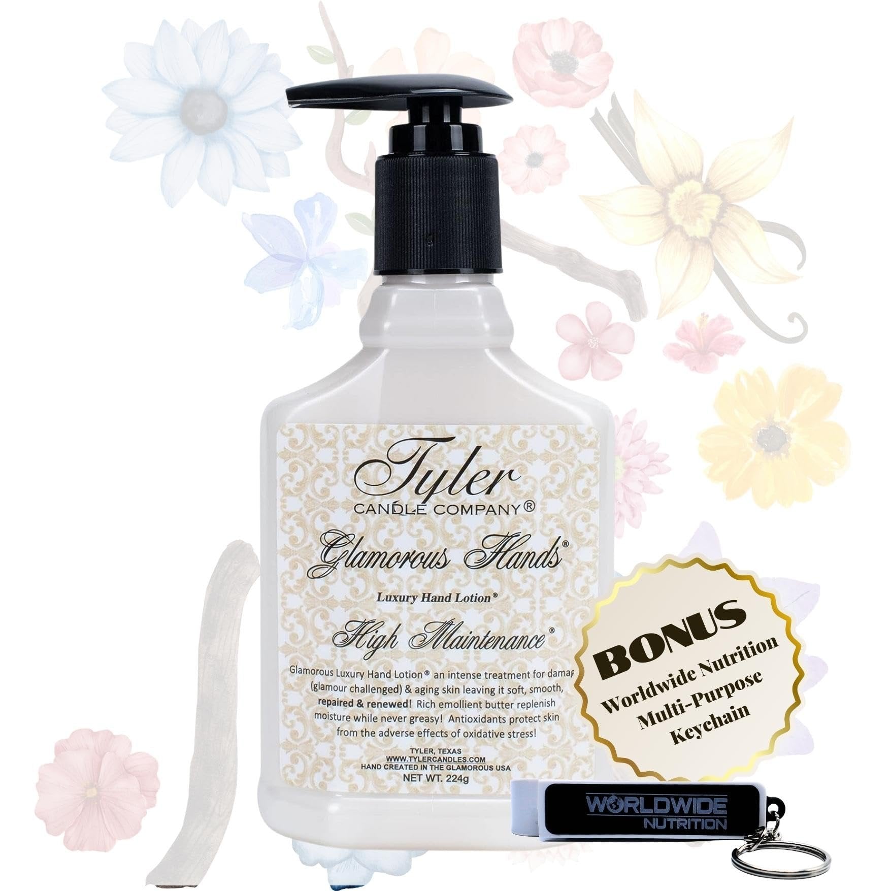 Tyler High Maintenance Hand Lotion - Scented and Small Hand Cream For Dry Hands - 8 Oz Travel Size Luxury Hand Moisturizer and Multi-Purpose Key Chain