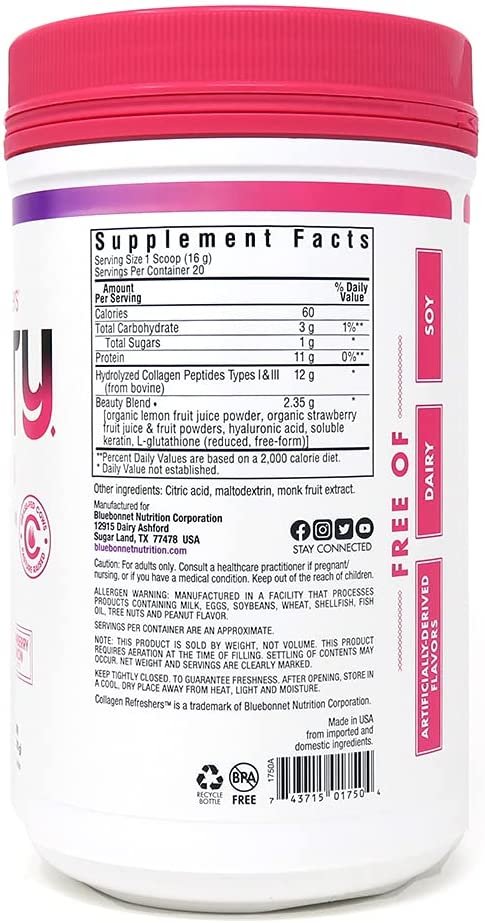 Bluebonnet Nutrition Collagen Refreshers Beauty Powder, Keto and Paleo, Beauty Lift*, Soy-Free, Gluten-Free, Non-GMO, Grass-fed Cows, Pasture Raised, 11.29 oz, 20 Servings, Strawberry Lemon Flavor