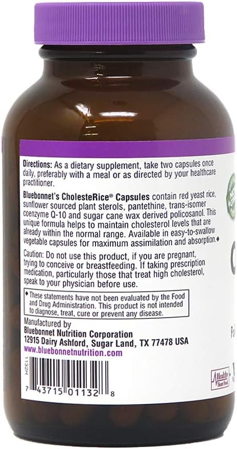 Bluebonnet Nutrition CholesteRice Vegetable Capsules, Red Yeast Rice, Plant Sterols, Pantethine, CoQ10, Policosanol, Vegan, Vegetarian, Non GMO, Gluten Free, Milk Free, SOY-FREE, 90 Vegetable Capsules