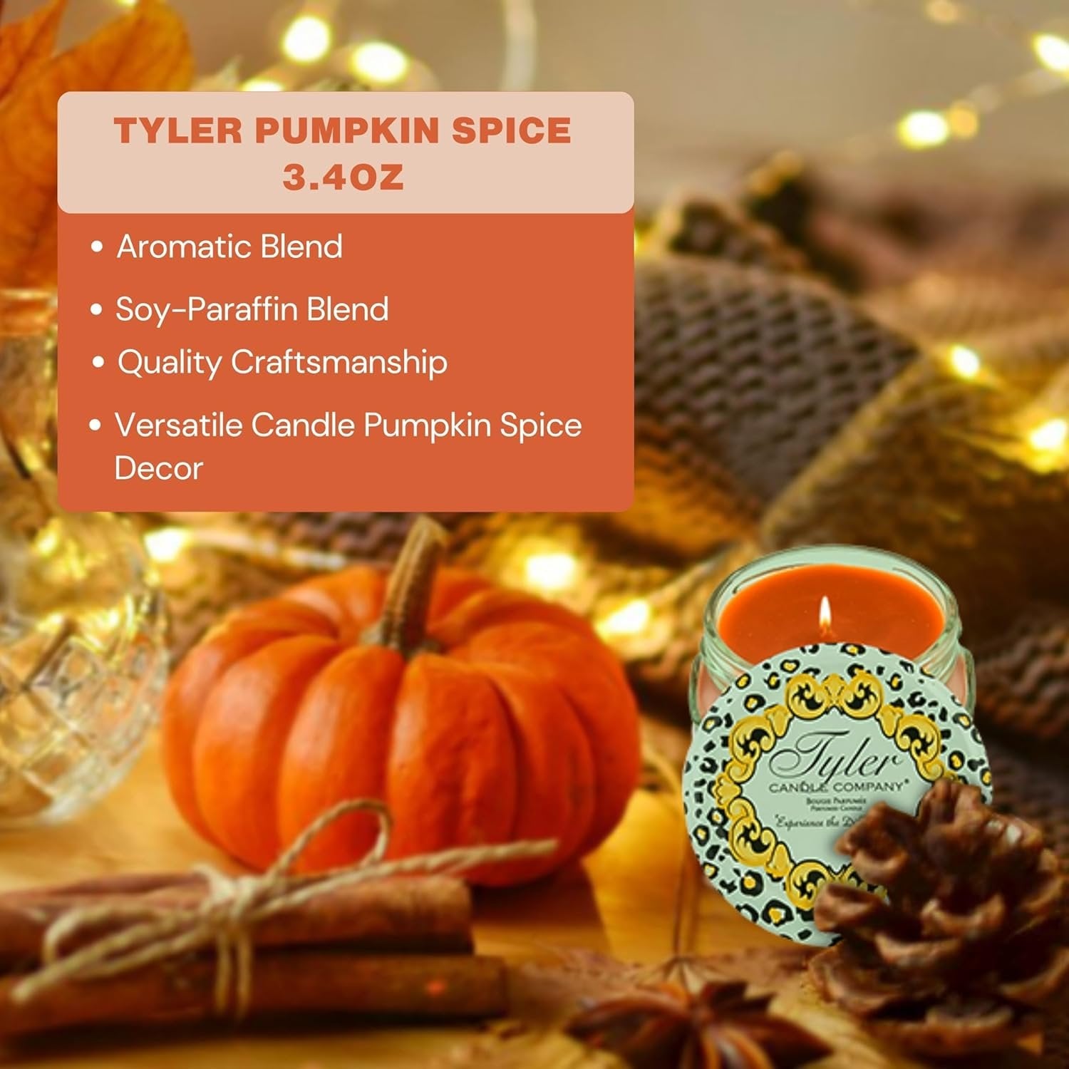 Tyler Candle Company Pumpkin Spice Scented Candle in a Glass Jar, 3.4 oz - Pack of 1 with Keychain