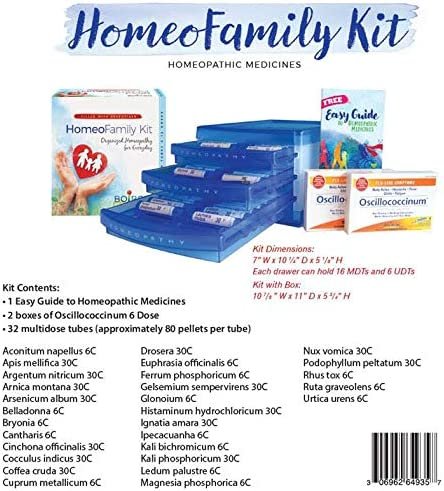 Boiron HomeoFamily Kit with The Essentials - 32 Assorted Homeopathic Tubes, 12 Oscillococcinum Doses, and a Handy Storage Case