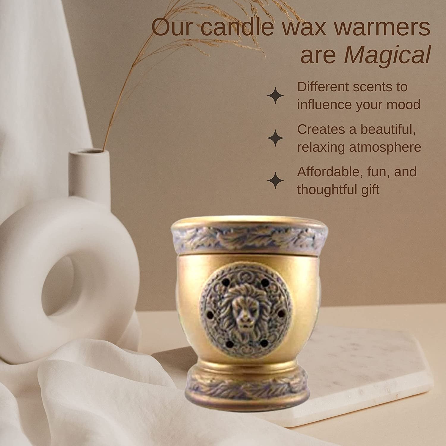 Tyler Candle Company Lionesque Matte Bronze Fragrance Wax Warmer - Candle Wax Melt Warmer - Home Decor Candle Accessories with Included 6 Diva Scent Wax Melts - 5.5 x 5" in with Bonus Key Chain