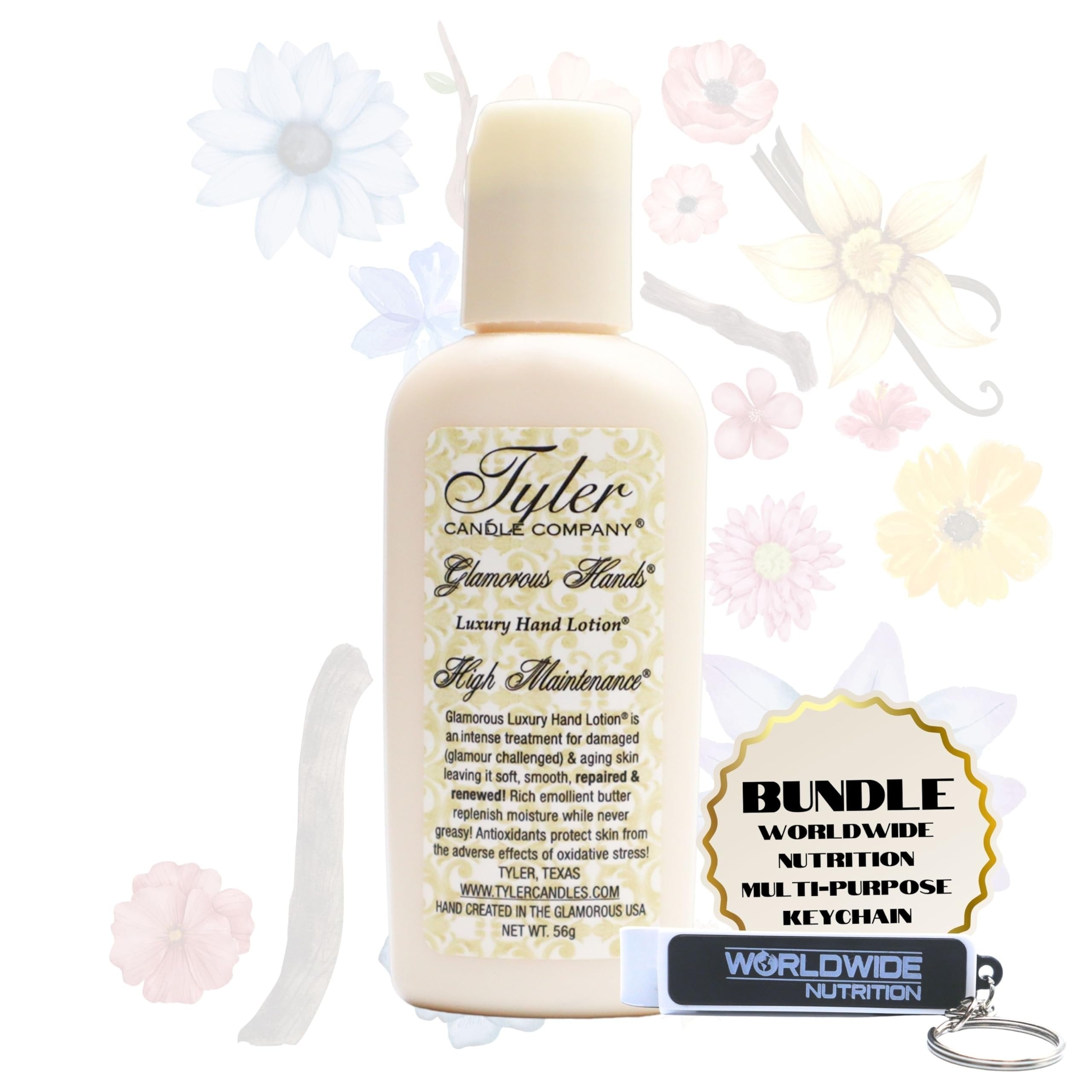 Tyler Candle Company High Maintenance Scent Glamorous Hand Lotion - For Damaged and Aging Skin - 2oz (56g) with Keychain