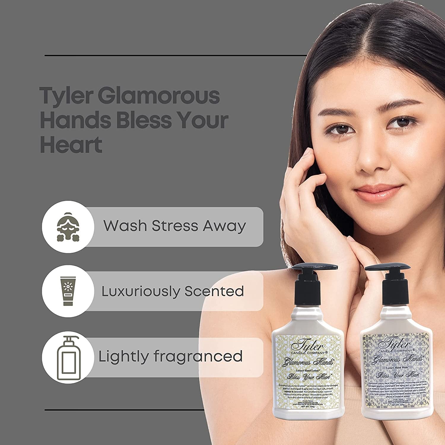 Tyler Candle Company Bless Your Heart Glamorous Hand Wash and Hand Lotion Gift Set - Pack of 2 8 Oz Tyler Bless Your Heart Scented Hand Cream Pump Bottles for Luxury Skin Care with Bonus Keychain