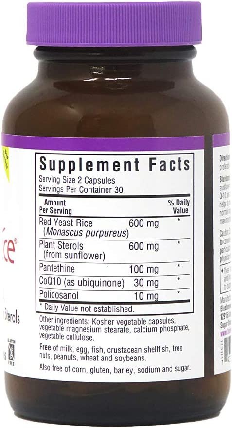 Bluebonnet Nutrition CholesteRice Vegetable Capsules, Red Yeast Rice, Plant Sterols, Pantethine, CoQ10, Policosanol, Vegan, Vegetarian, Non GMO, Gluten Free, Milk Free, SOY-FREE, 60 Vegetable Capsules