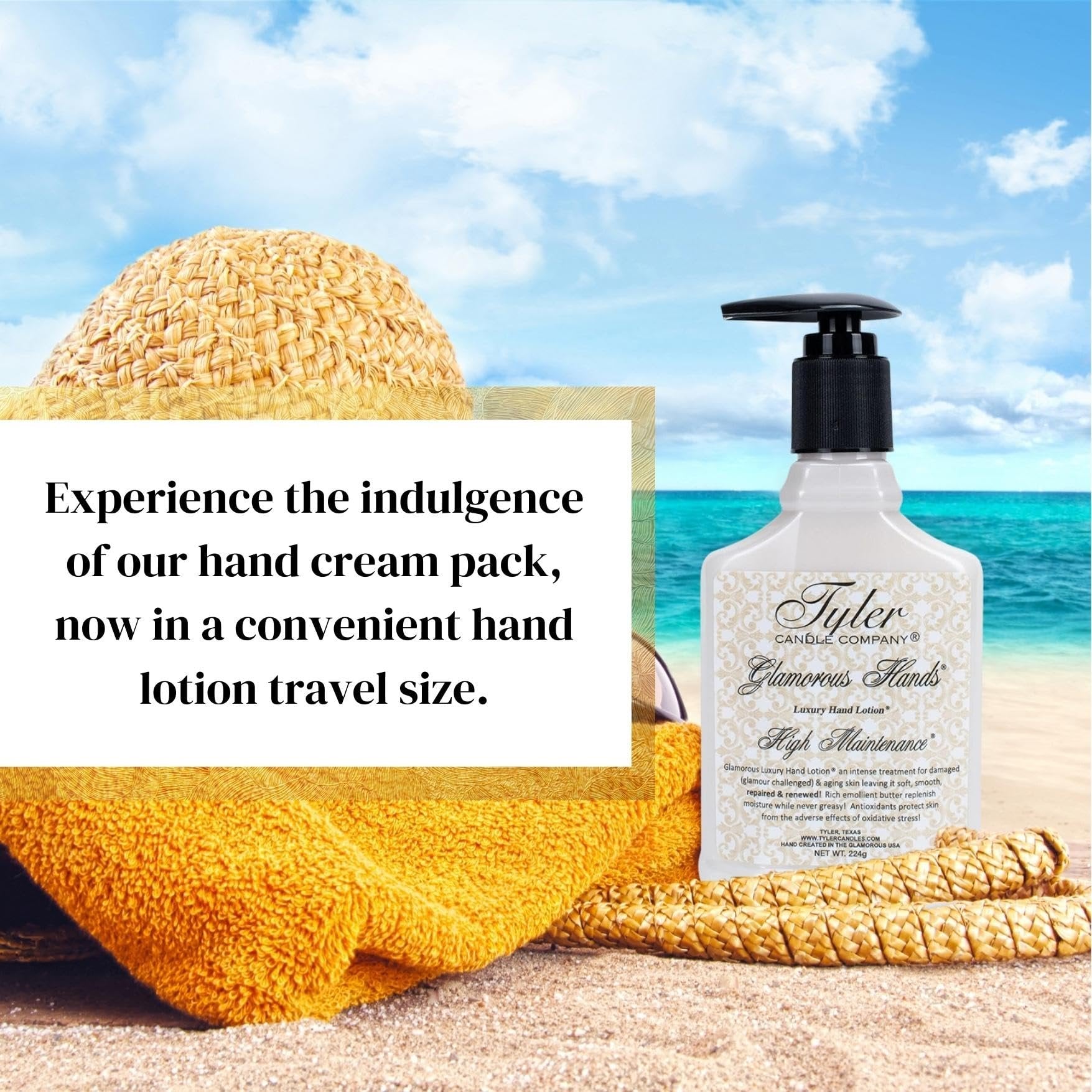 Tyler High Maintenance Hand Lotion - Scented and Small Hand Cream For Dry Hands - 8 Oz Travel Size Luxury Hand Moisturizer and Multi-Purpose Key Chain