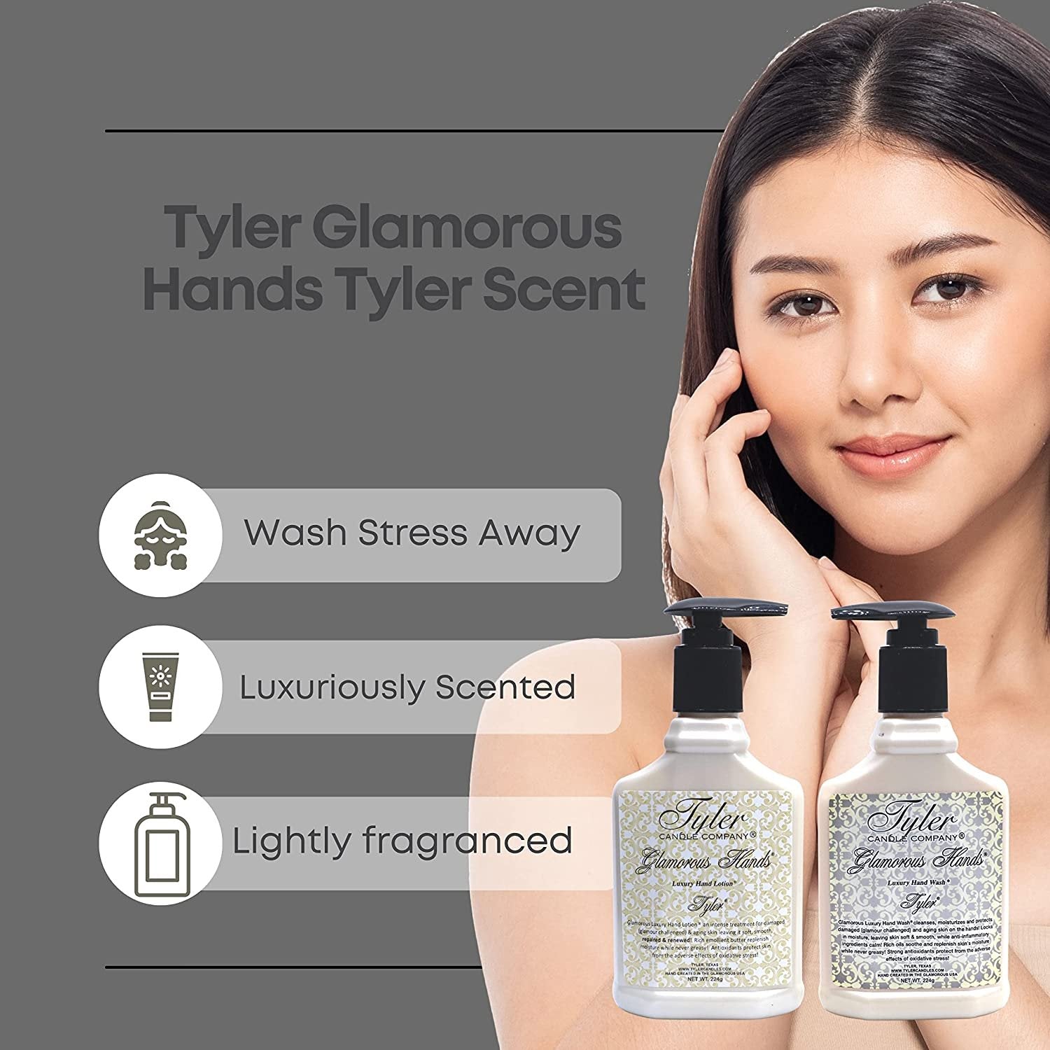 Worldwide Nutrition Tyler Candle Company Tyler Scented Glamorous Hand Wash and Hand Lotion Gift Set - Pack of 2, 8 Oz Tyler Scented Hand Cream Pump Bottles for Luxury Skin Care with Bonus Key Chain