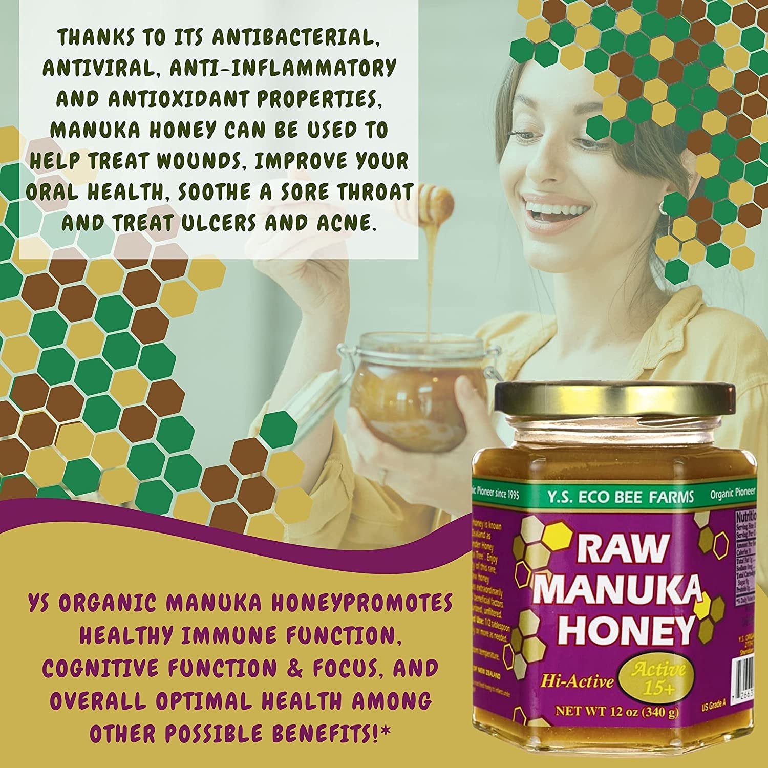 Y.S. Eco Bee Farms, 100% Certified Raw Manuka Honey, Hi-Active 15plus, Unpasteurized, Unfiltered, Exotic, Raw, Kosher, Gluten Free, Wonder Honey Of The Tea Tree", 12 Oz, 2 Jars with Bonus Key Chain