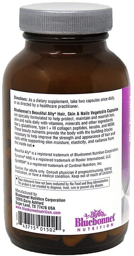 BlueBonnet Nutrition Beautiful Ally Hair, Skin & Nails, Hydrolyzed Collagen from Grass Fed Cows, Collagen Peptides Type 1 & 3, Non GMO, Gluten Free, Soy Free, Milk Free, Kosher, 90 Vegetable Capsules