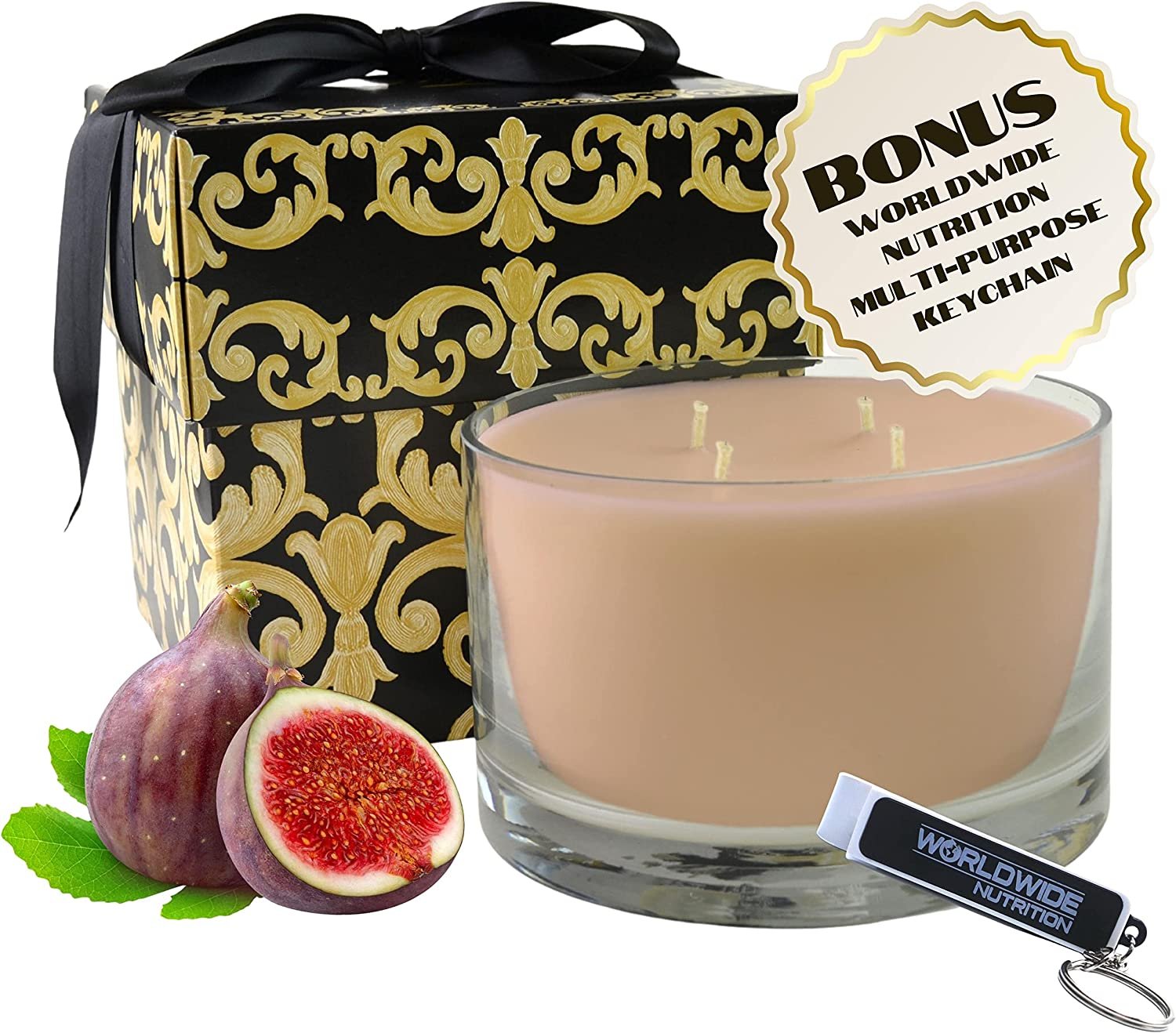 Tyler Candle Company 40 oz Mediterranean Fig Scented Candle | 4 Wick Large Candle | 220 Hr Burn | Decorative Candles | Home Decor Gift for Women & Men w Worldwide Nutrition Multi Purpose Key Chain