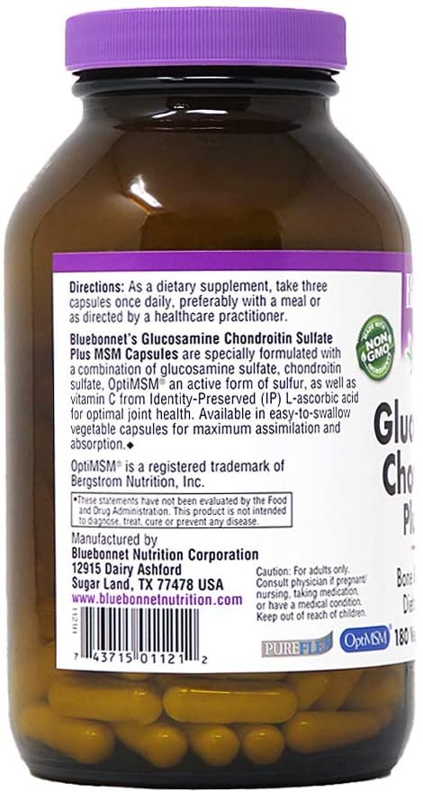 Bluebonnet Nutrition Glucosamine Chondroitin Plus MSM, Glucosamine, Chondroitin Sulfate, Vitamin C & OptiMSM, Bone & Joint Health, Non GMO, Gluten Free, Soy Free, Milk Free, 180 Vegetable Capsules