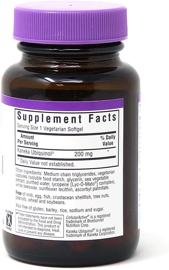 Bluebonnet Nutrition Active CoQ10 Ubiquinol 200mg Vegetarian Softgels, Heart & Cellular Health from Kaneka, Non GMO, Gluten, Soy & Milk Free, White, 30