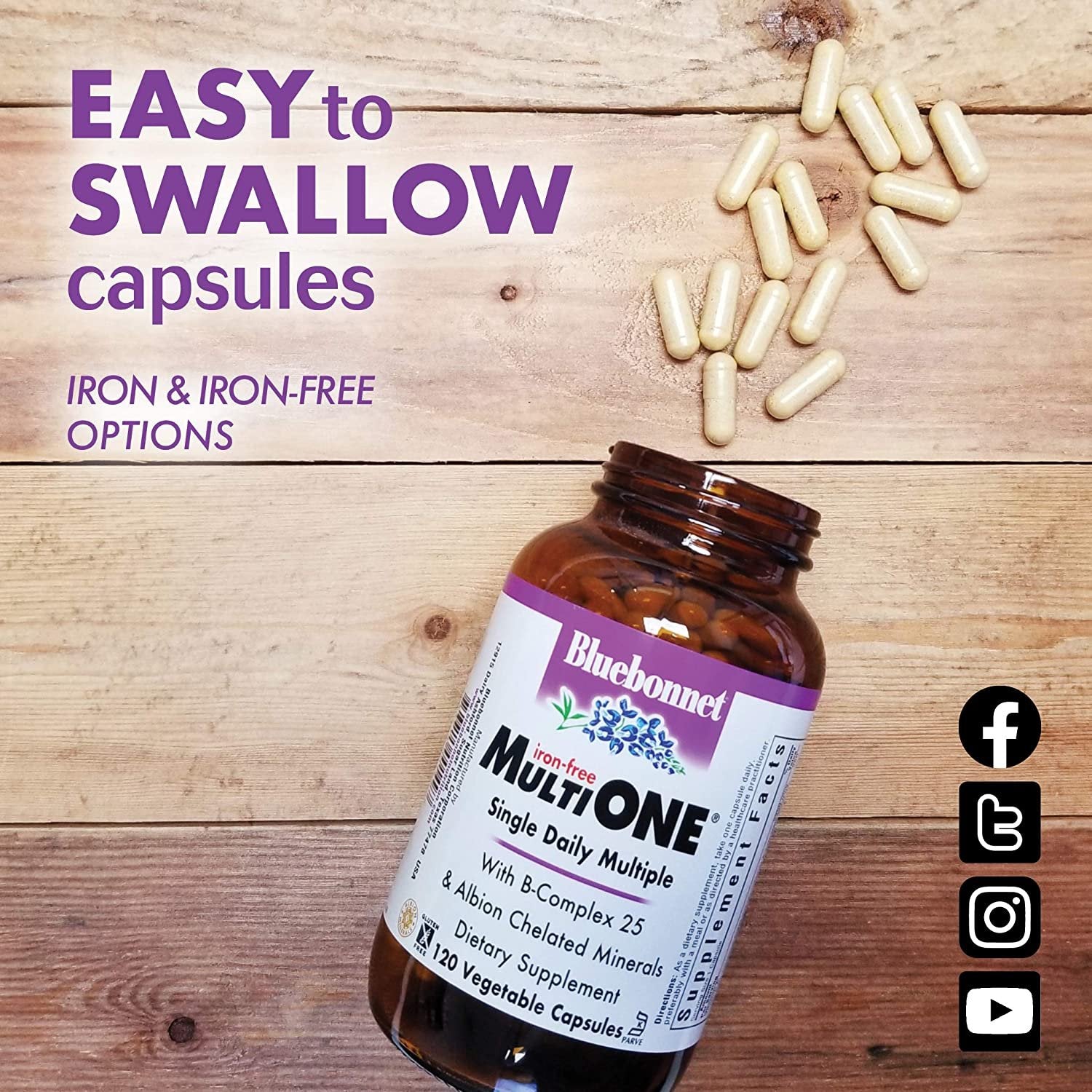 Bluebonnet Nutrition Multi One (Iron Free) Vegetable Capsules, Complete Full Spectrum Multiple, B Vitamins, General Health, Gluten Free, Milk Free, Kosher, 120 Vegetable Capsules, 4 Month Supply