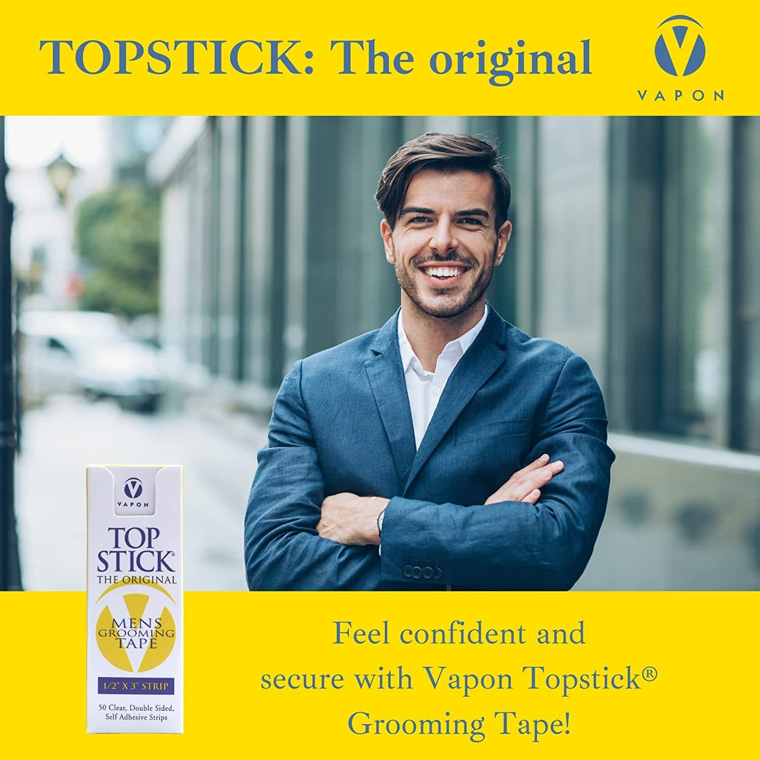 Vapon Topstick - The Original Men's Grooming Tape - 50 Count 1/2" x 3" Double Sided, Self Adhesive, Clear Tape for Toupee and Wig Adhesion - Hypo Allergenic, Waterproof, and Latex Free