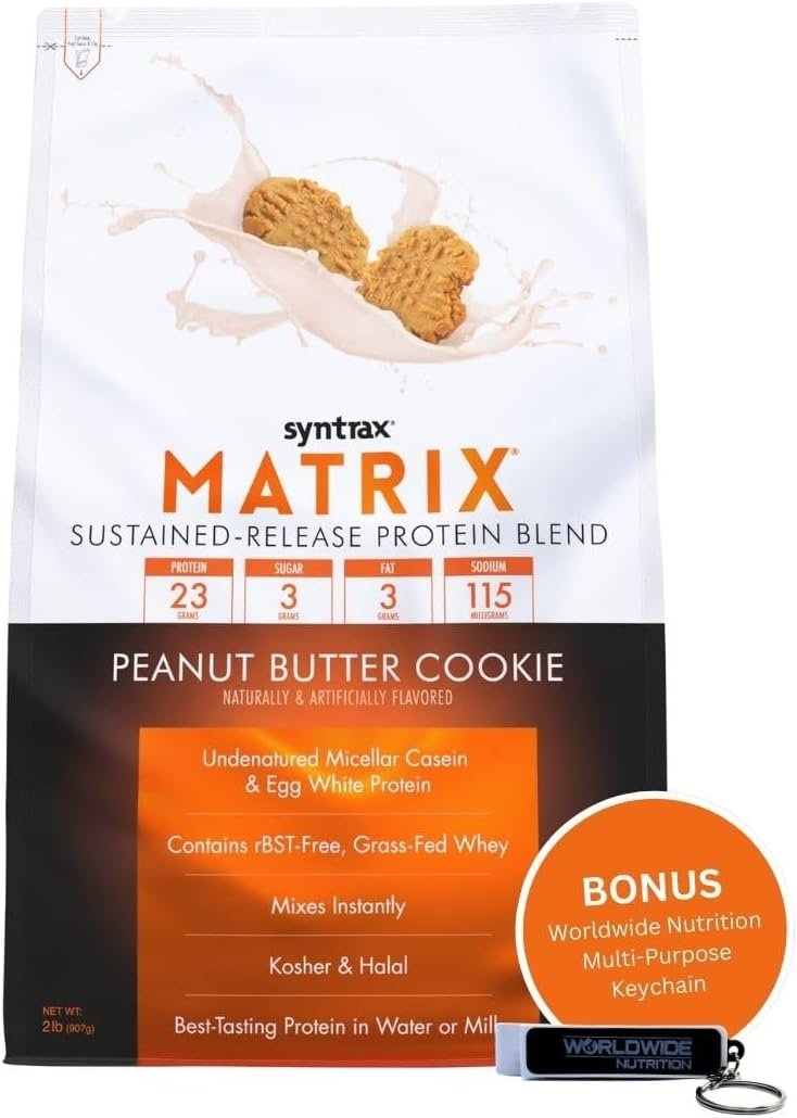 Syntrax Matrix 2.0 Sustained-Release Protein Blend, 2lbs - Peanut Butter Cookie - Pack of 1 with Keychain