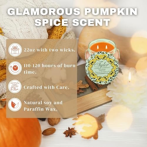 Tyler Pumpkin Spice Scent Jar Candle - Fall Scented Candle with Essential Oils - Long Burning Candles 110-120 hours - Large Candle 22 oz & Multi-Purpose Key Chain
