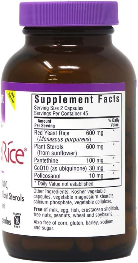 Bluebonnet Nutrition CholesteRice Vegetable Capsules, Red Yeast Rice, Plant Sterols, Pantethine, CoQ10, Policosanol, Vegan, Vegetarian, Non GMO, Gluten Free, Milk Free, SOY-FREE, 90 Vegetable Capsules