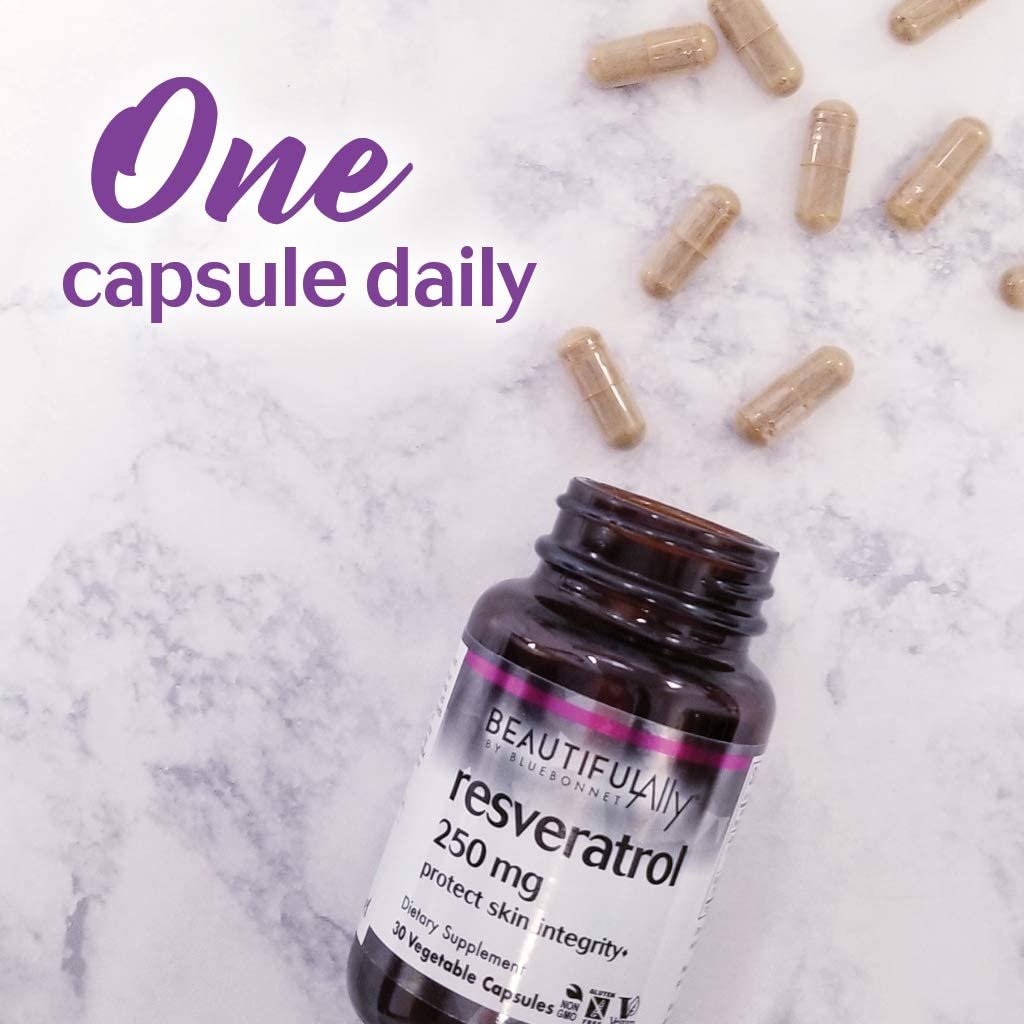 Bluebonnet Nutrition Beautiful Ally Resveratrol 500mg, Best for Skin, Antioxidant, Beauty Nutrient, Vegan, Vegetarian, Non GMO, Gluten Free, Soy Free, 30 Vegetable Capsules, 30 Servings