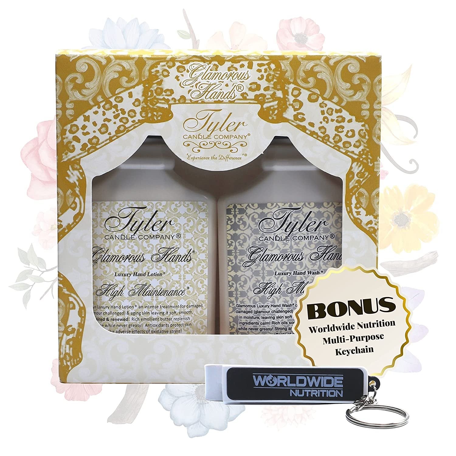 Tyler Candle Company High Maintenance Glamorous Hand Wash and Hand Lotion Gift Set - Pack of 2, 8 Oz Scented Hand Cream Pump Bottles for Luxury Skin Care (High Maintenance) with Bonus Keychain