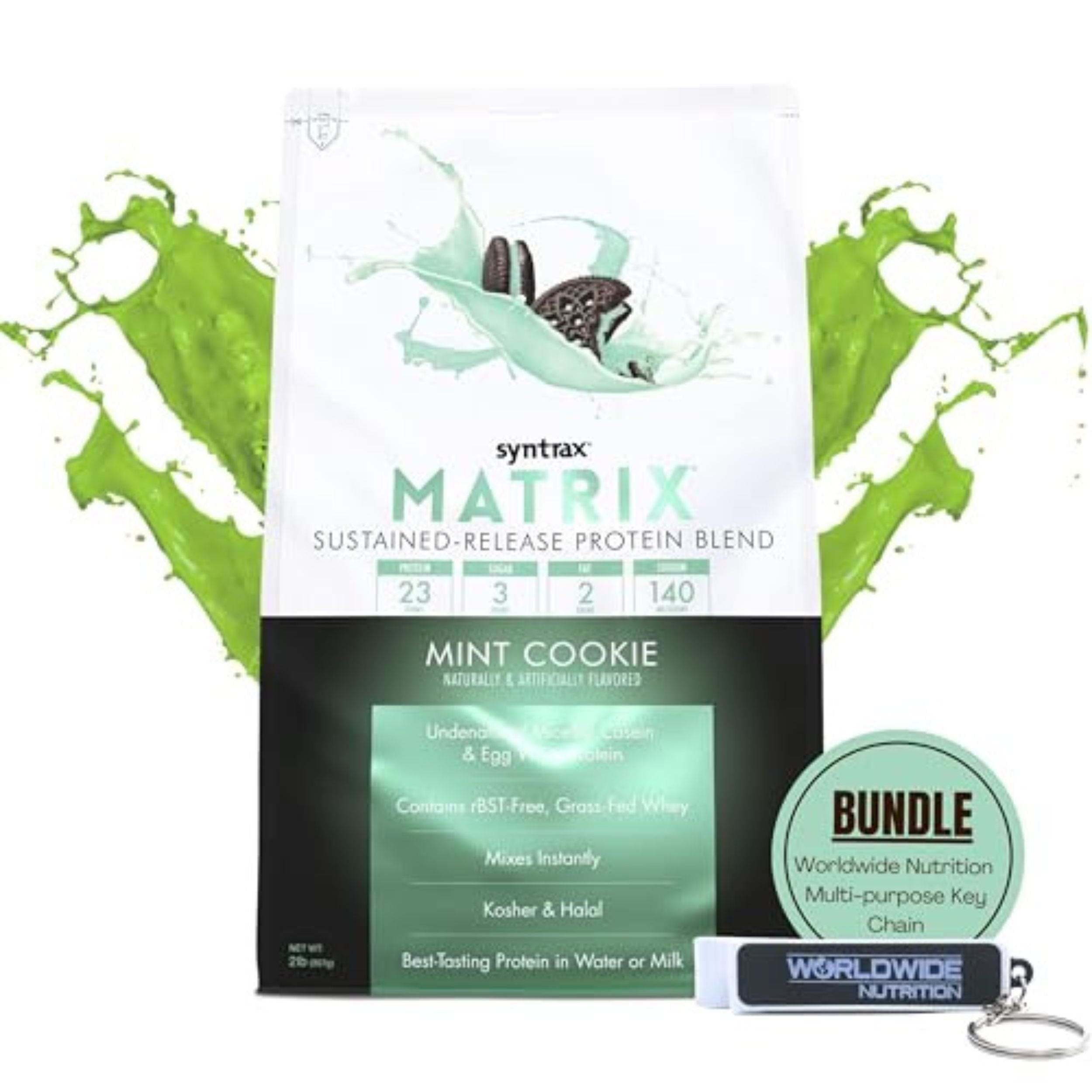 Syntrax Matrix Protein Powder 2.0 Sustained-Release Whey Protein Powder Blend - Instant Mix Protein Powder Mint Cookie, 2 Pounds - Pack of 1 with Keychain