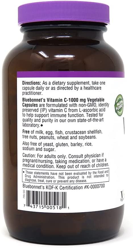 Bluebonnet Nutrition Vitamin C 1000 Mg Vegetable Capsules, Ascorbic Acid, for Immune Skin Health, Vegan, Vegetarian, Non GMO, Gluten, Soy & Milk Free, Kosher, 180 Count