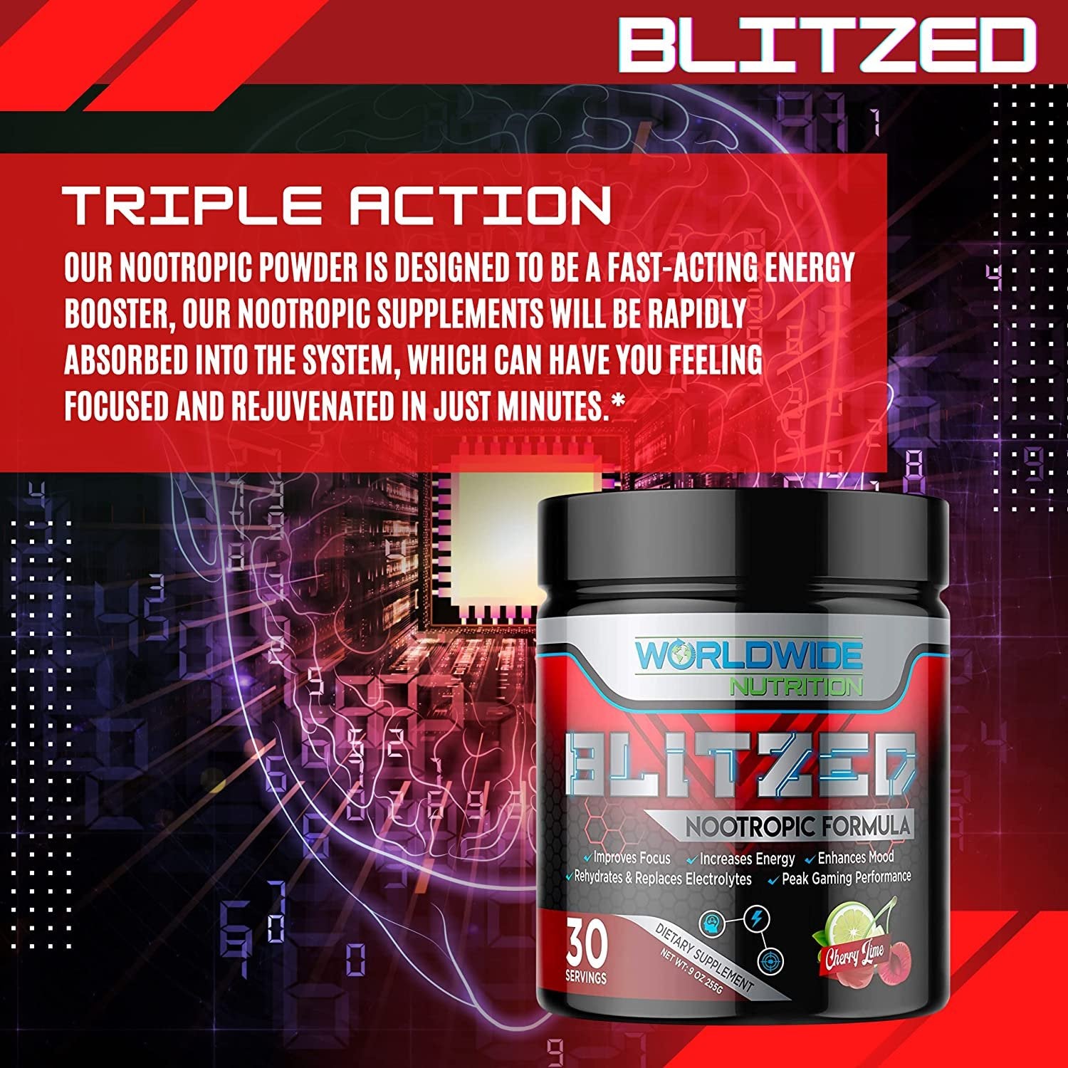 Worldwide Nutrition Blitzed Nootropic Formula - All Natural Energy Drink Mix Powder - Brain Supplements for Memory and Focus - Enhanced Focus and Energy Supplement- Cherry Lime Flavor - 30 Servings