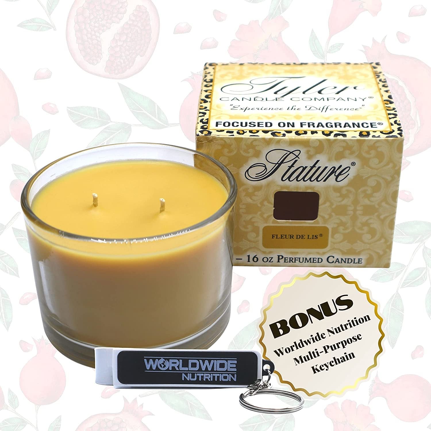 Tyler Candle Company Fleur De Lis Stature Candle - Luxury Home Fragrance Fleur De Lis Scented Candle - Stature Model Home Decor in Clear Glass Candle Holder - 16 Oz, 2 Wick Candle w Bonus Key Chain