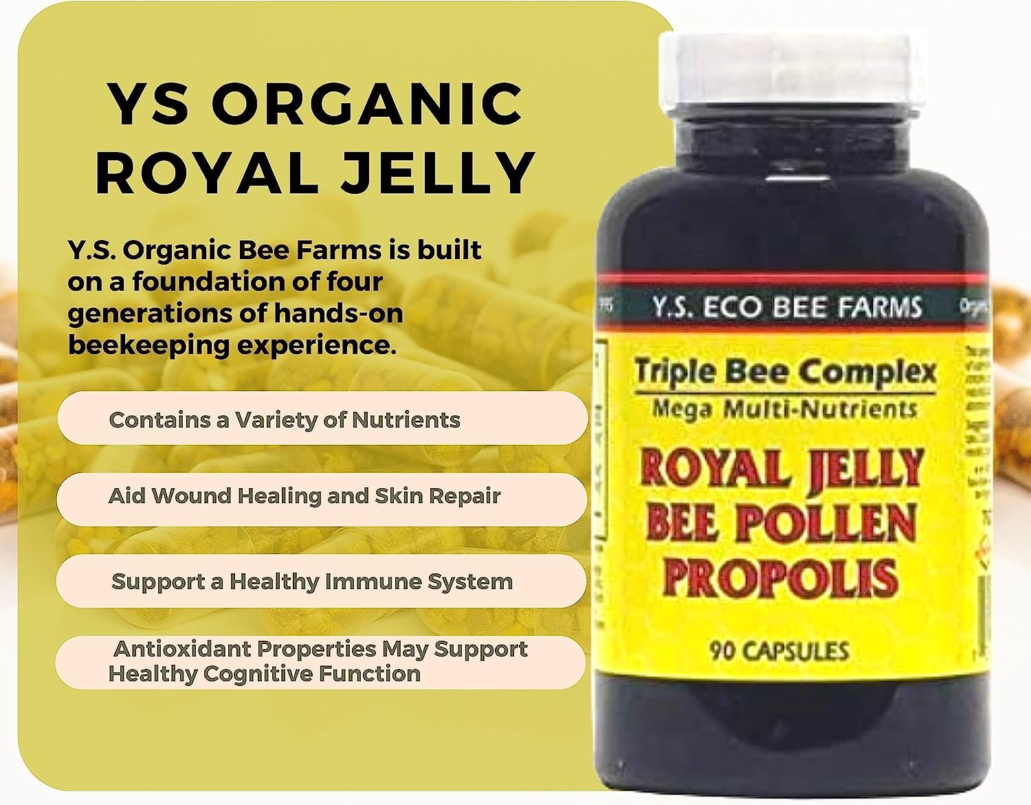 Y.S. Eco Bee Farms Triple Bee Complex Mega Multi-Nutrients - Royal Jelly, Bee Pollen, Propolis - 90 Capsules - with Multi-Purpose Key Chain